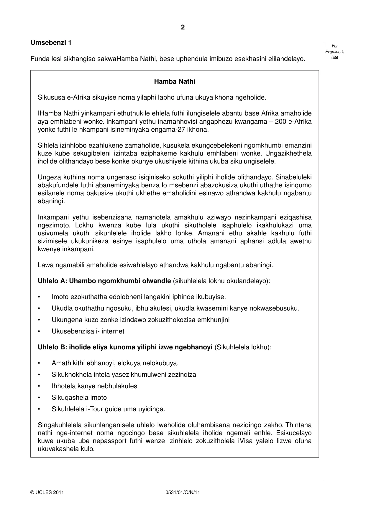 Cambridge IGCSE IsiZulu as a Second Language 0531 2011 Oct/Nov Paper 1 · Variant 1 question paper, page 2 of 16