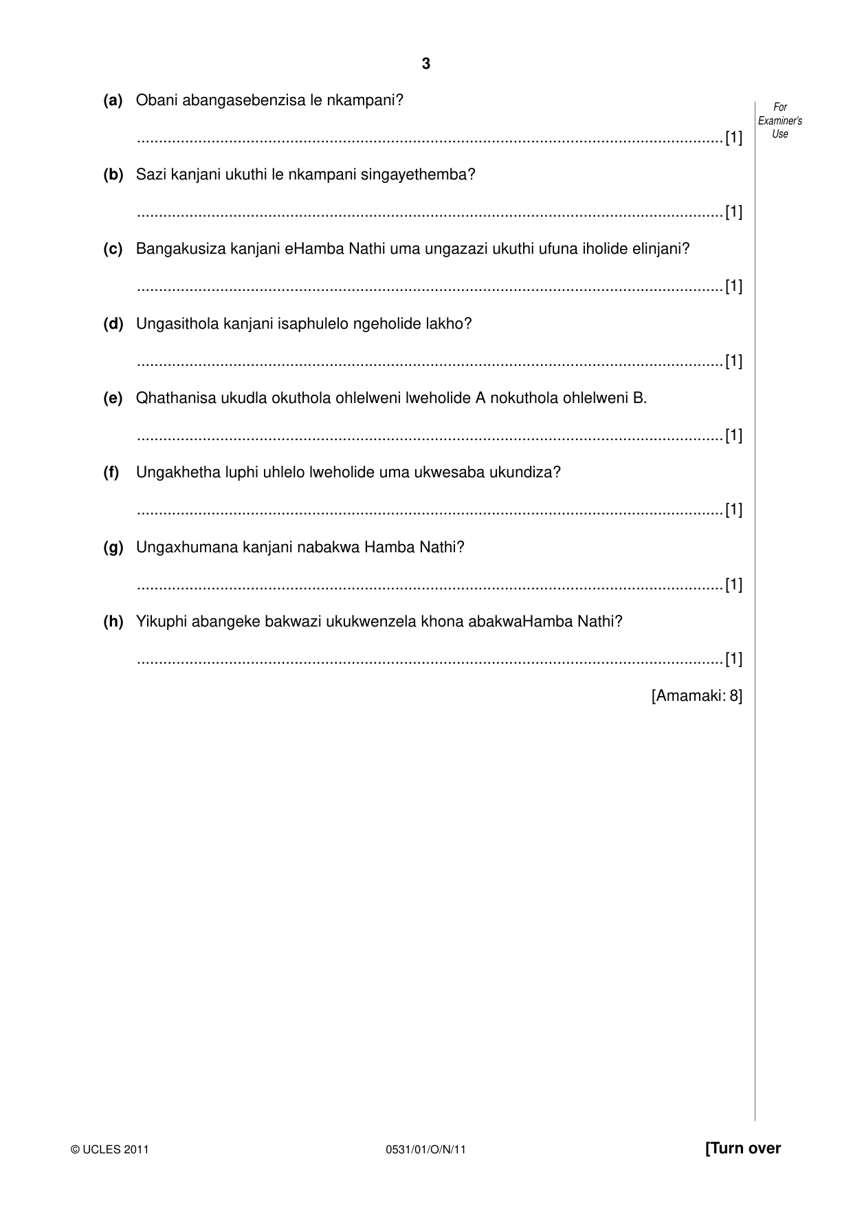 Cambridge IGCSE IsiZulu as a Second Language 0531 2011 Oct/Nov Paper 1 · Variant 1 question paper, page 3 of 16