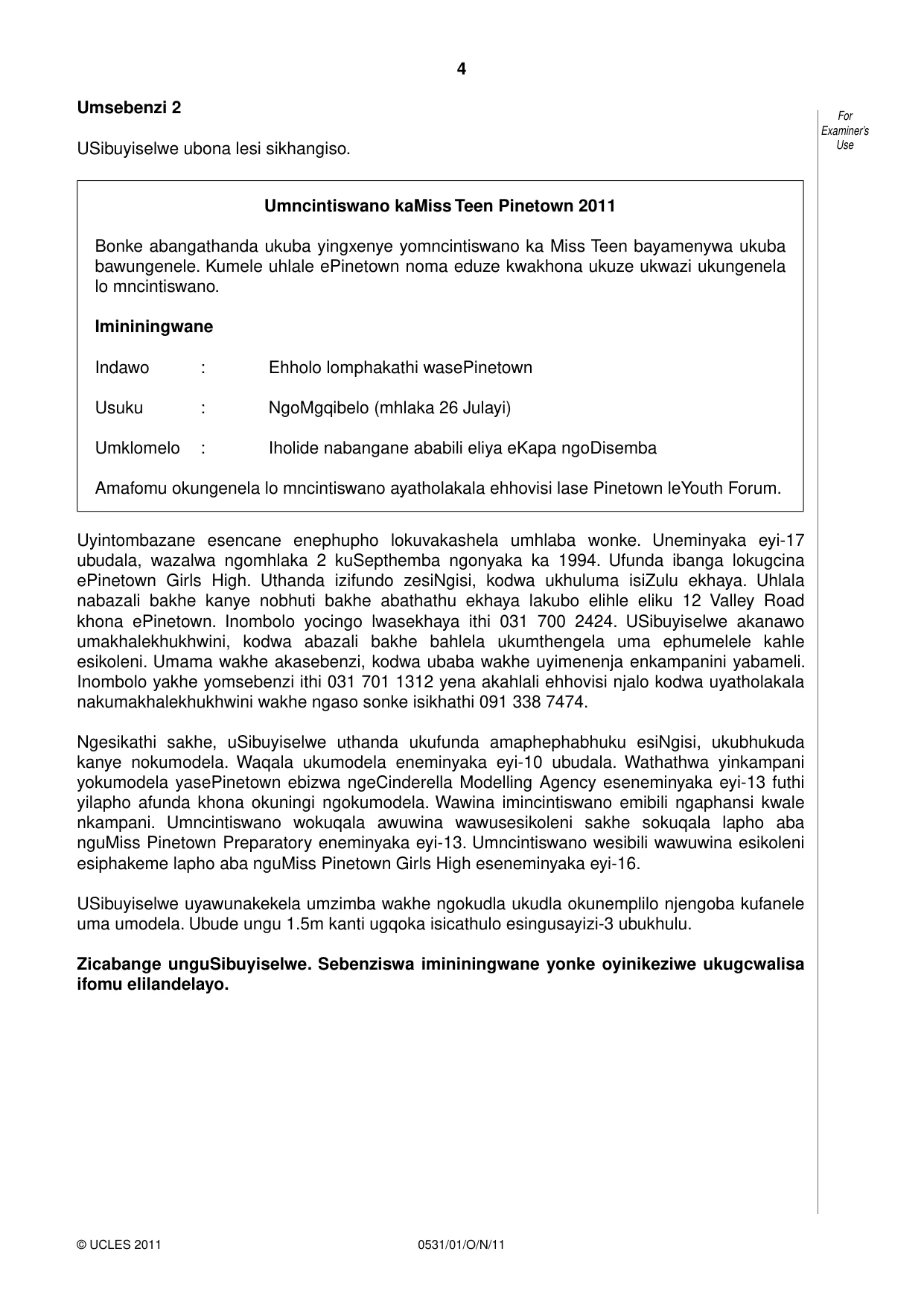 Cambridge IGCSE IsiZulu as a Second Language 0531 2011 Oct/Nov Paper 1 · Variant 1 question paper, page 4 of 16