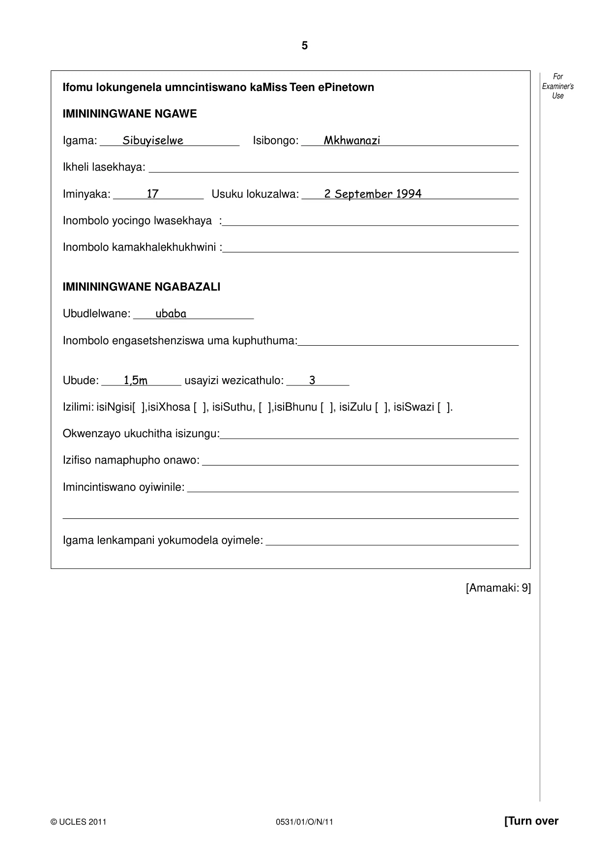 Cambridge IGCSE IsiZulu as a Second Language 0531 2011 Oct/Nov Paper 1 · Variant 1 question paper, page 5 of 16