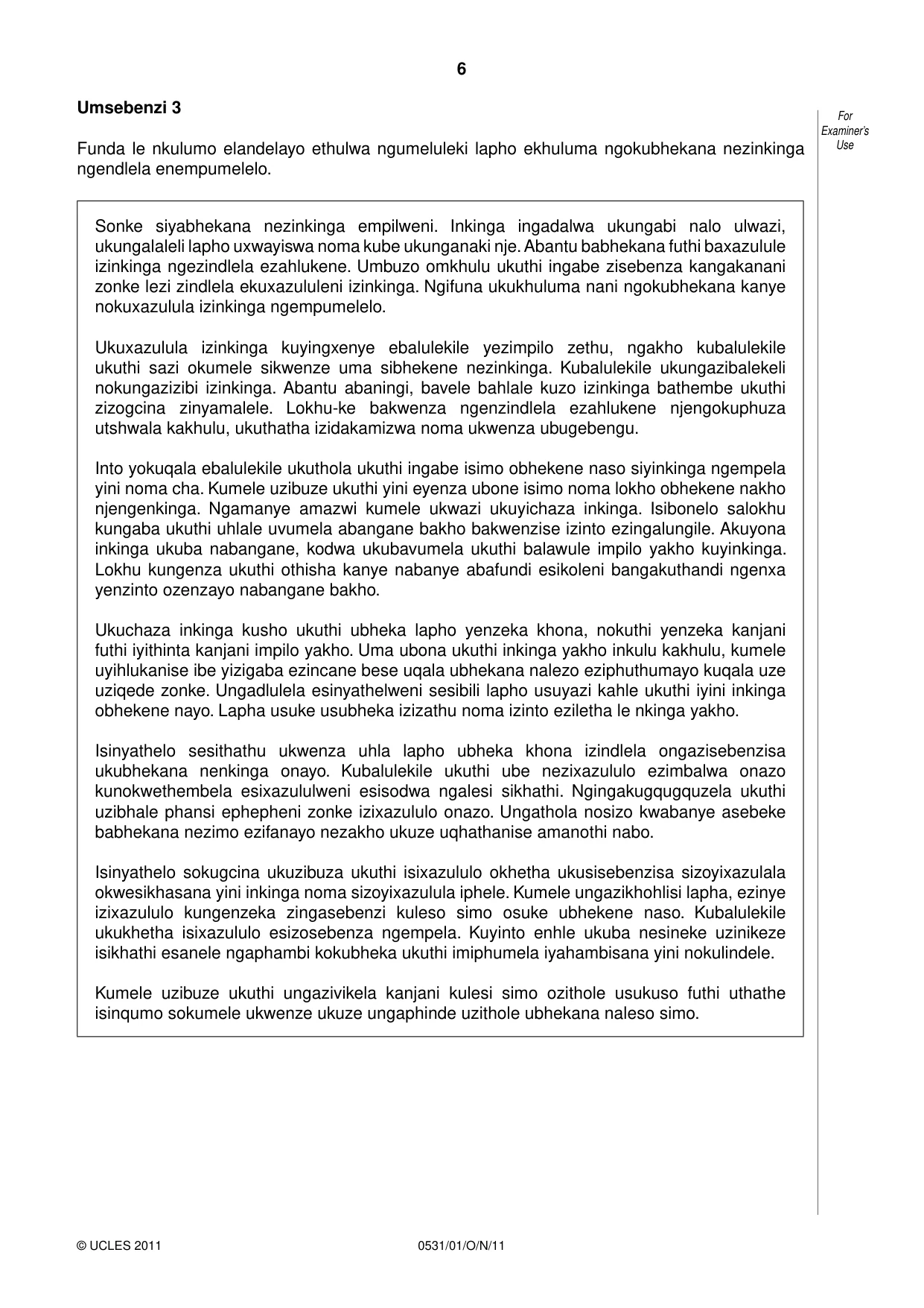 Cambridge IGCSE IsiZulu as a Second Language 0531 2011 Oct/Nov Paper 1 · Variant 1 question paper, page 6 of 16