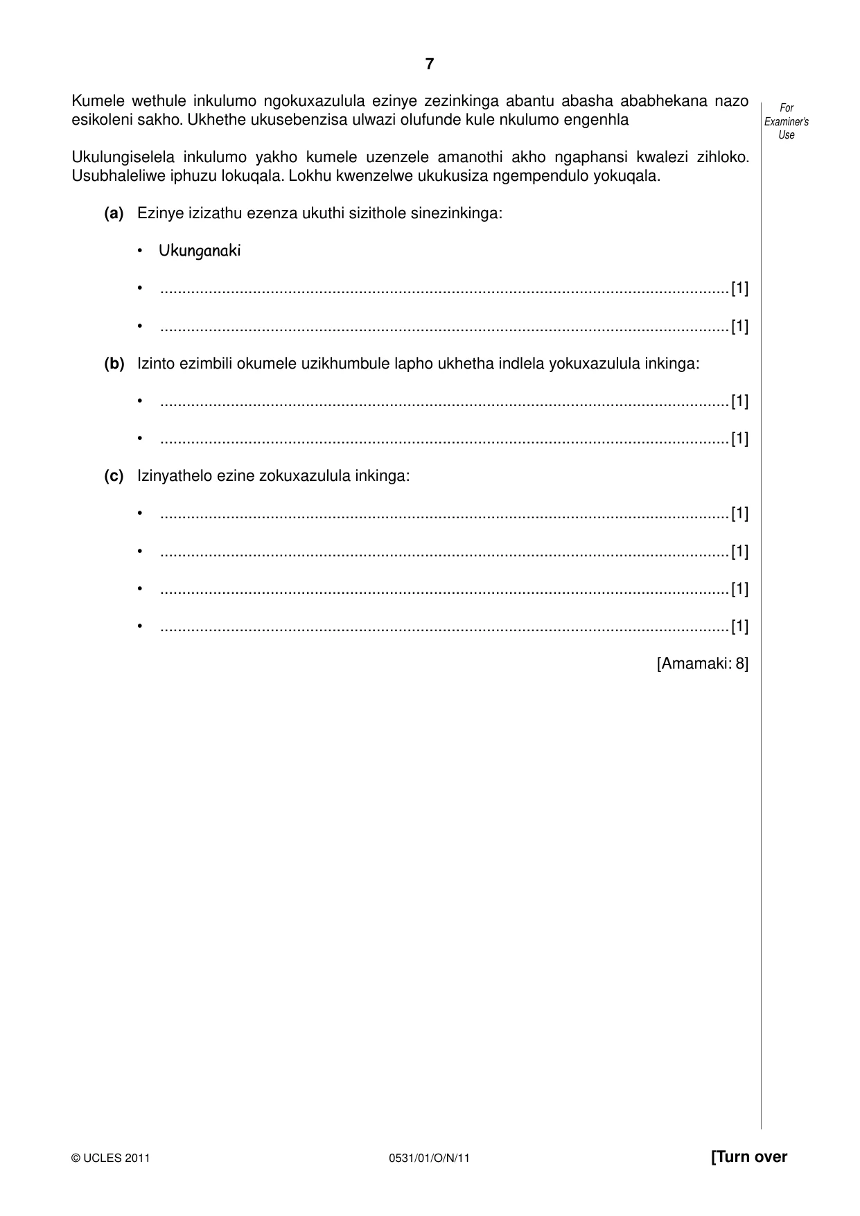 Cambridge IGCSE IsiZulu as a Second Language 0531 2011 Oct/Nov Paper 1 · Variant 1 question paper, page 7 of 16