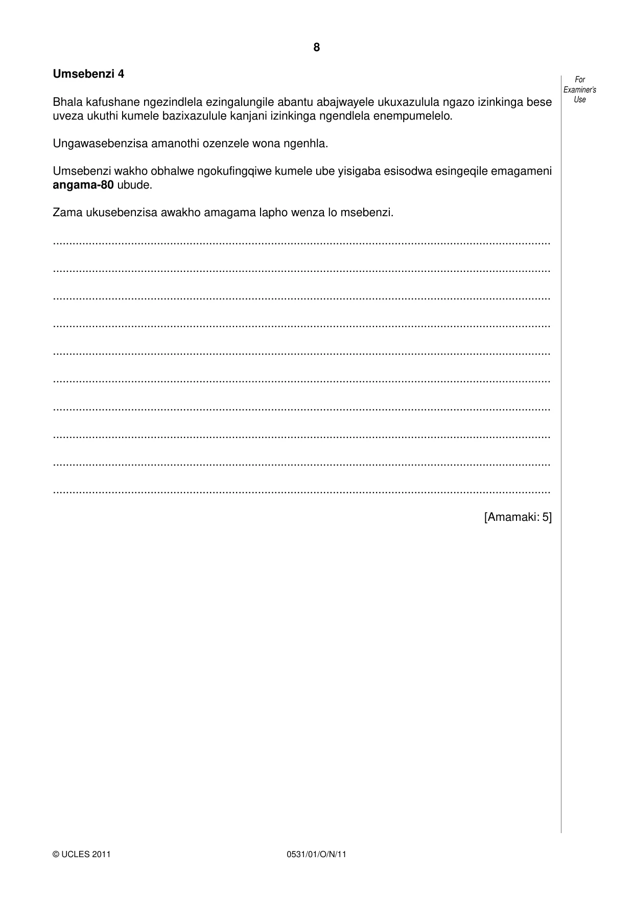 Cambridge IGCSE IsiZulu as a Second Language 0531 2011 Oct/Nov Paper 1 · Variant 1 question paper, page 8 of 16