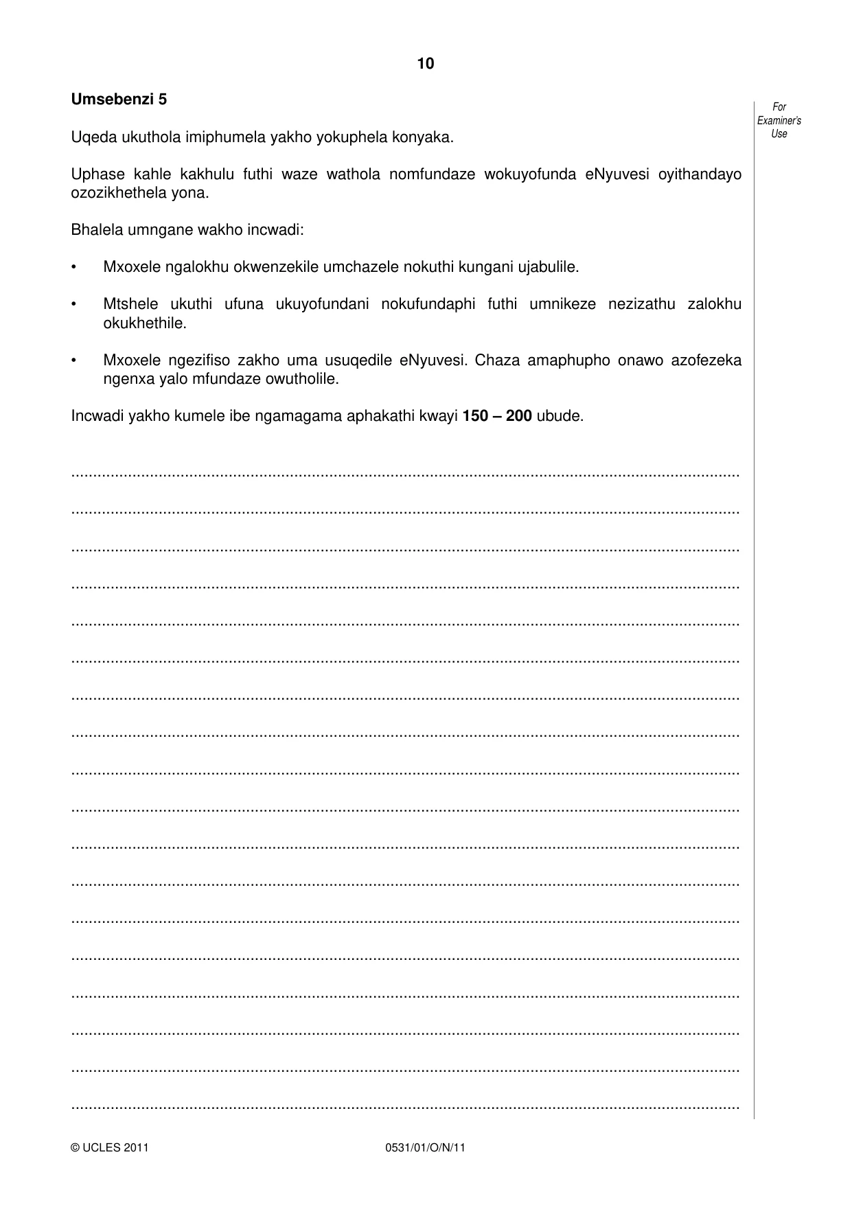 Cambridge IGCSE IsiZulu as a Second Language 0531 2011 Oct/Nov Paper 1 · Variant 1 question paper, page 10 of 16