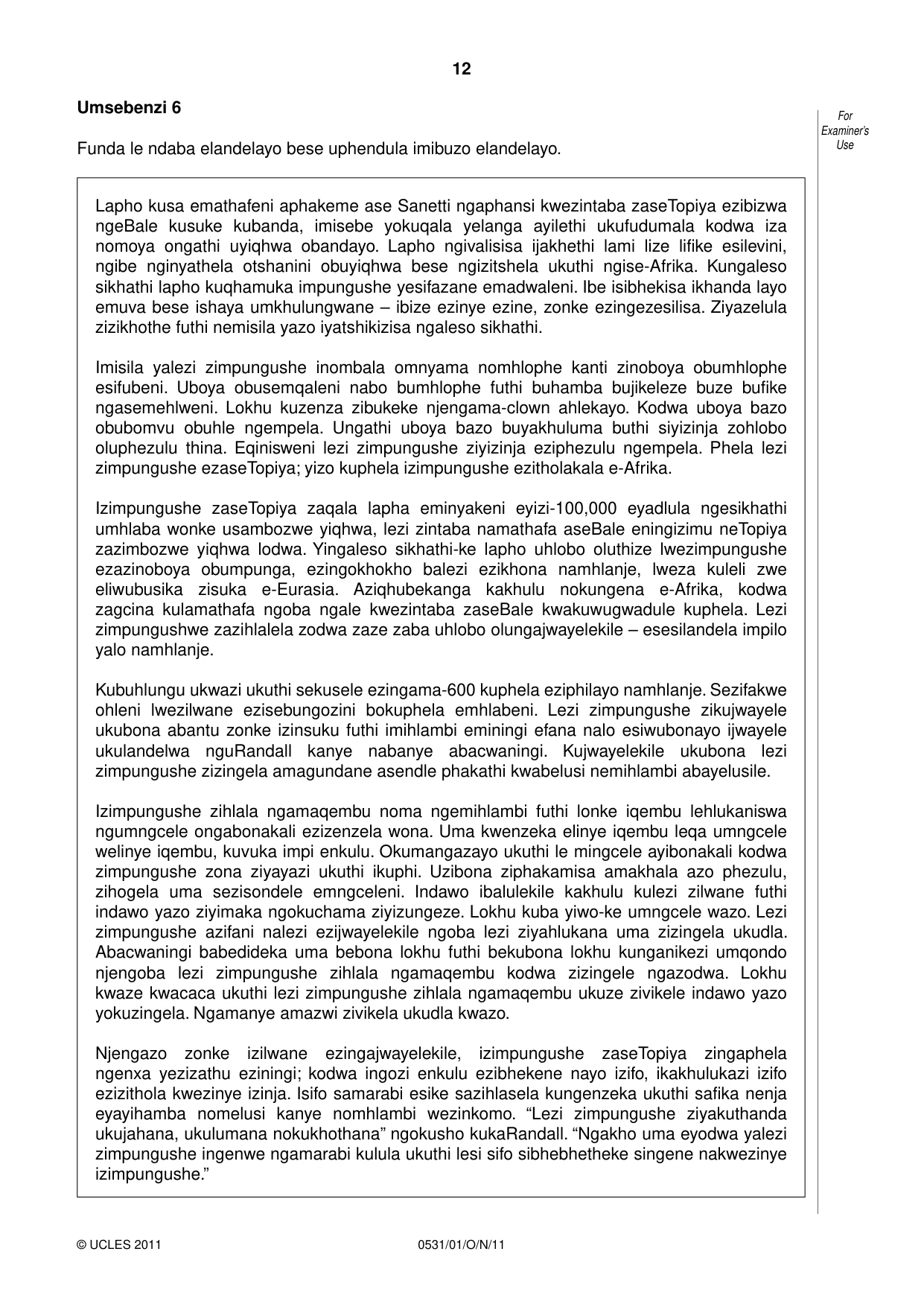 Cambridge IGCSE IsiZulu as a Second Language 0531 2011 Oct/Nov Paper 1 · Variant 1 question paper, page 12 of 16