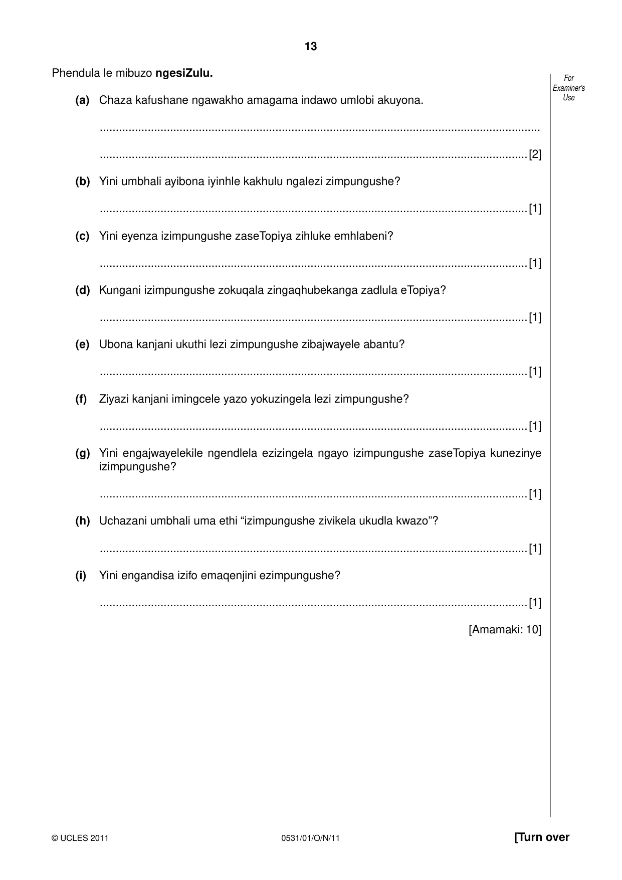 Cambridge IGCSE IsiZulu as a Second Language 0531 2011 Oct/Nov Paper 1 · Variant 1 question paper, page 13 of 16
