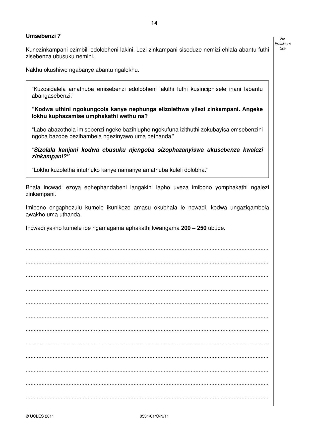 Cambridge IGCSE IsiZulu as a Second Language 0531 2011 Oct/Nov Paper 1 · Variant 1 question paper, page 14 of 16