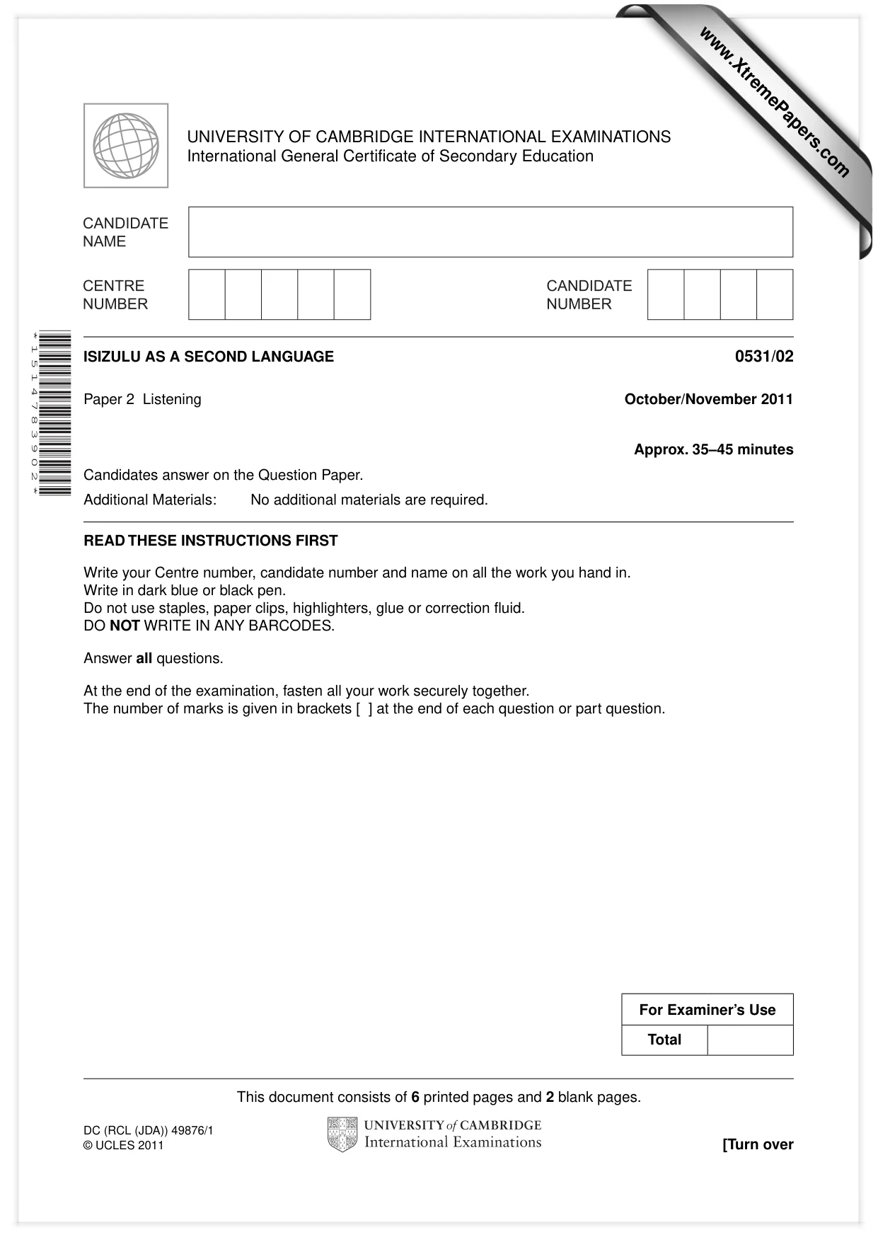 Cambridge IGCSE IsiZulu as a Second Language 0531 2011 Oct/Nov Paper 2 · Variant 1 question paper, page 1 of 8