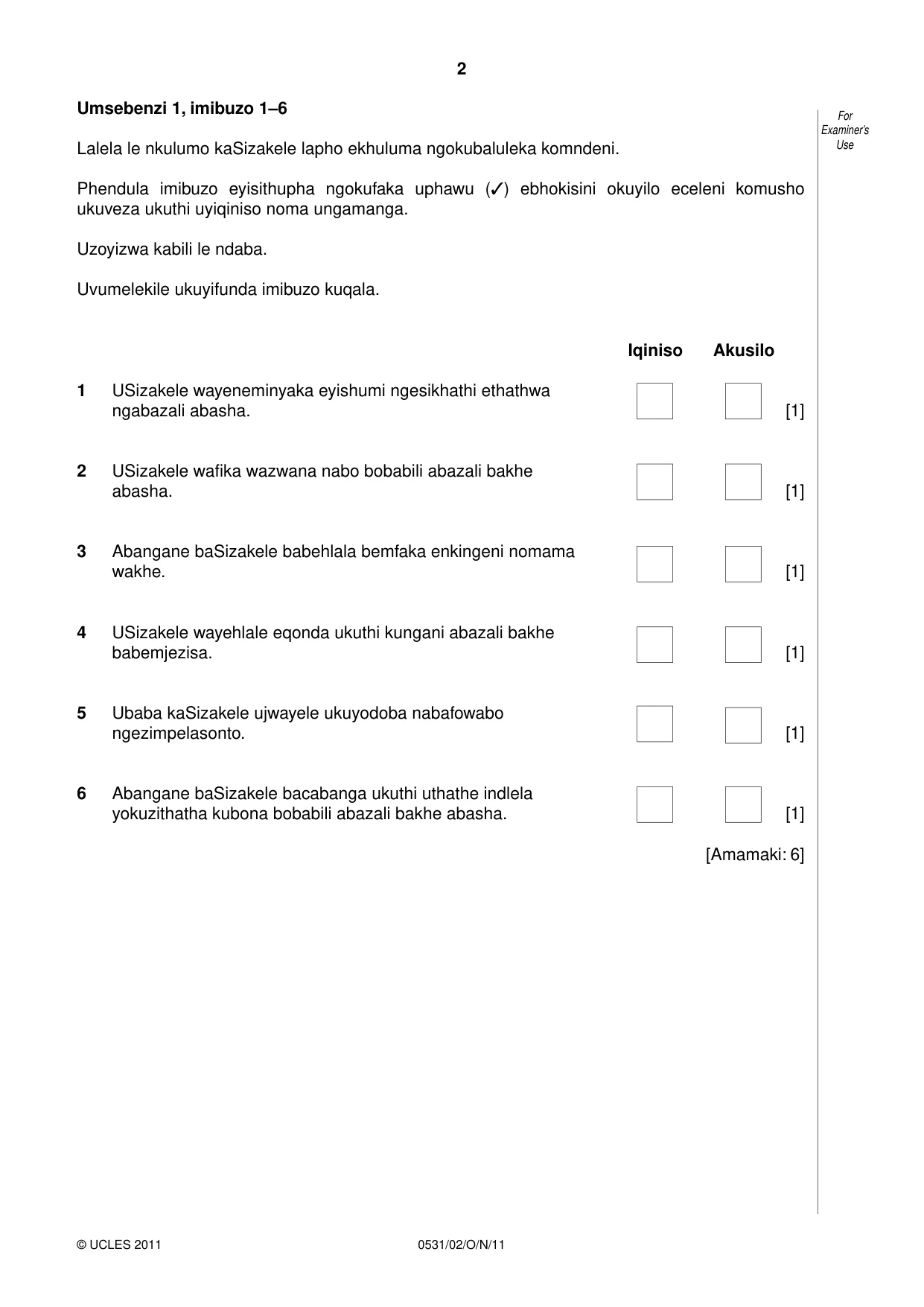 Cambridge IGCSE IsiZulu as a Second Language 0531 2011 Oct/Nov Paper 2 · Variant 1 question paper, page 2 of 8
