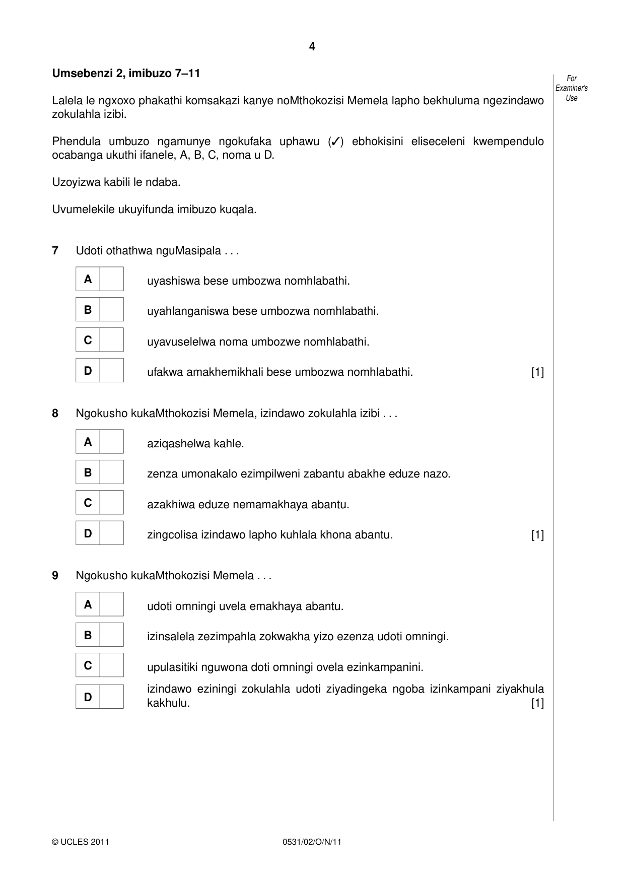 Cambridge IGCSE IsiZulu as a Second Language 0531 2011 Oct/Nov Paper 2 · Variant 1 question paper, page 4 of 8