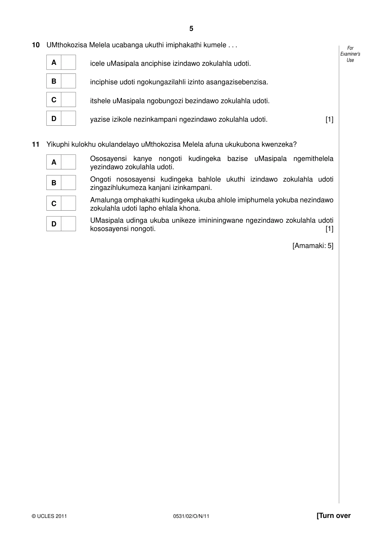 Cambridge IGCSE IsiZulu as a Second Language 0531 2011 Oct/Nov Paper 2 · Variant 1 question paper, page 5 of 8