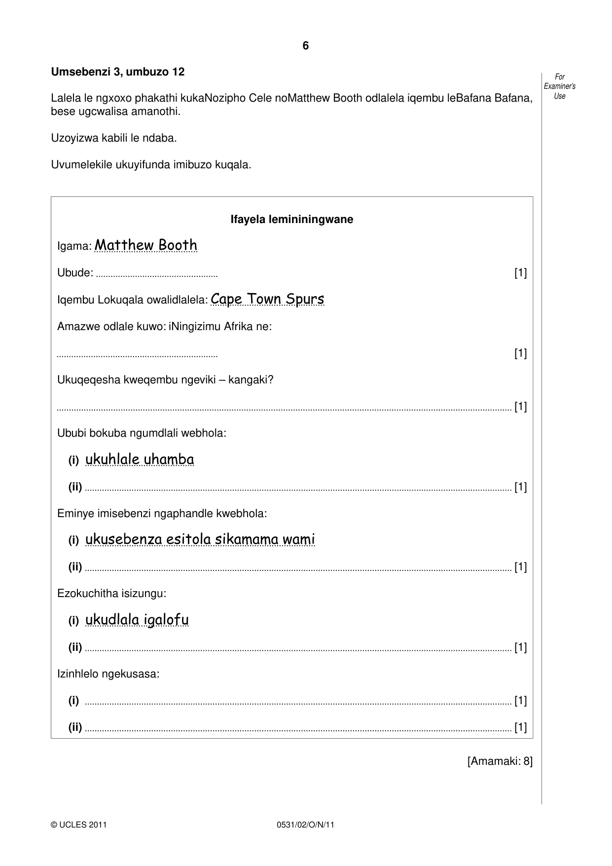 Cambridge IGCSE IsiZulu as a Second Language 0531 2011 Oct/Nov Paper 2 · Variant 1 question paper, page 6 of 8