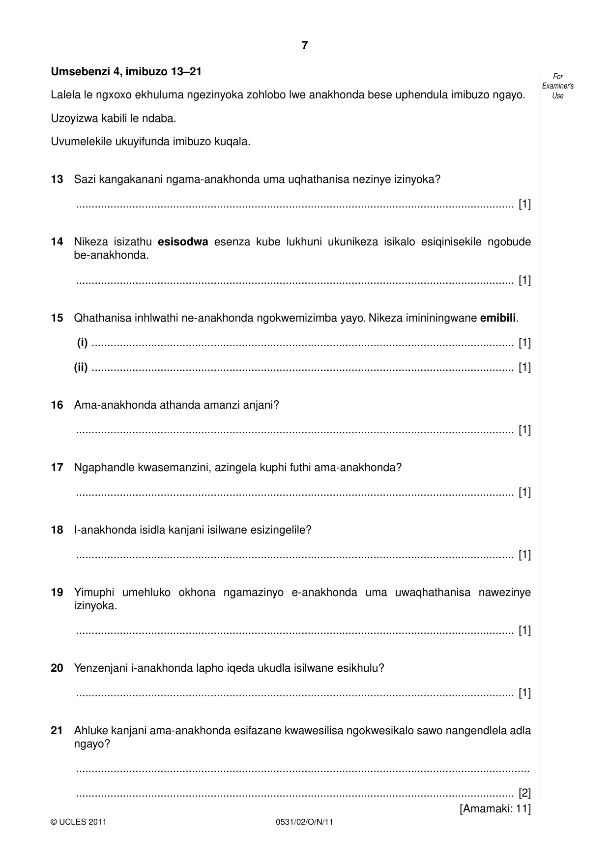 Cambridge IGCSE IsiZulu as a Second Language 0531 2011 Oct/Nov Paper 2 · Variant 1 question paper, page 7 of 8