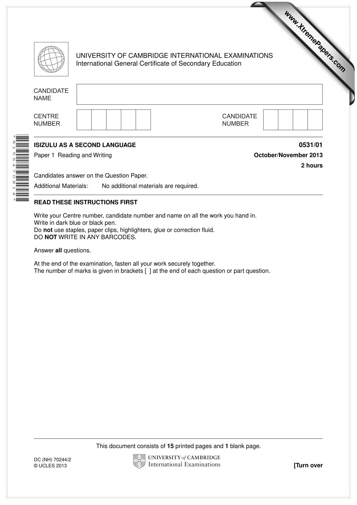 Cambridge IGCSE IsiZulu as a Second Language 0531 2013 Oct/Nov Paper 1 · Variant 1 question paper, page 1 of 16