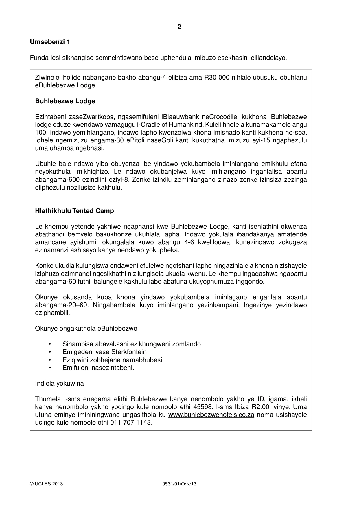 Cambridge IGCSE IsiZulu as a Second Language 0531 2013 Oct/Nov Paper 1 · Variant 1 question paper, page 2 of 16