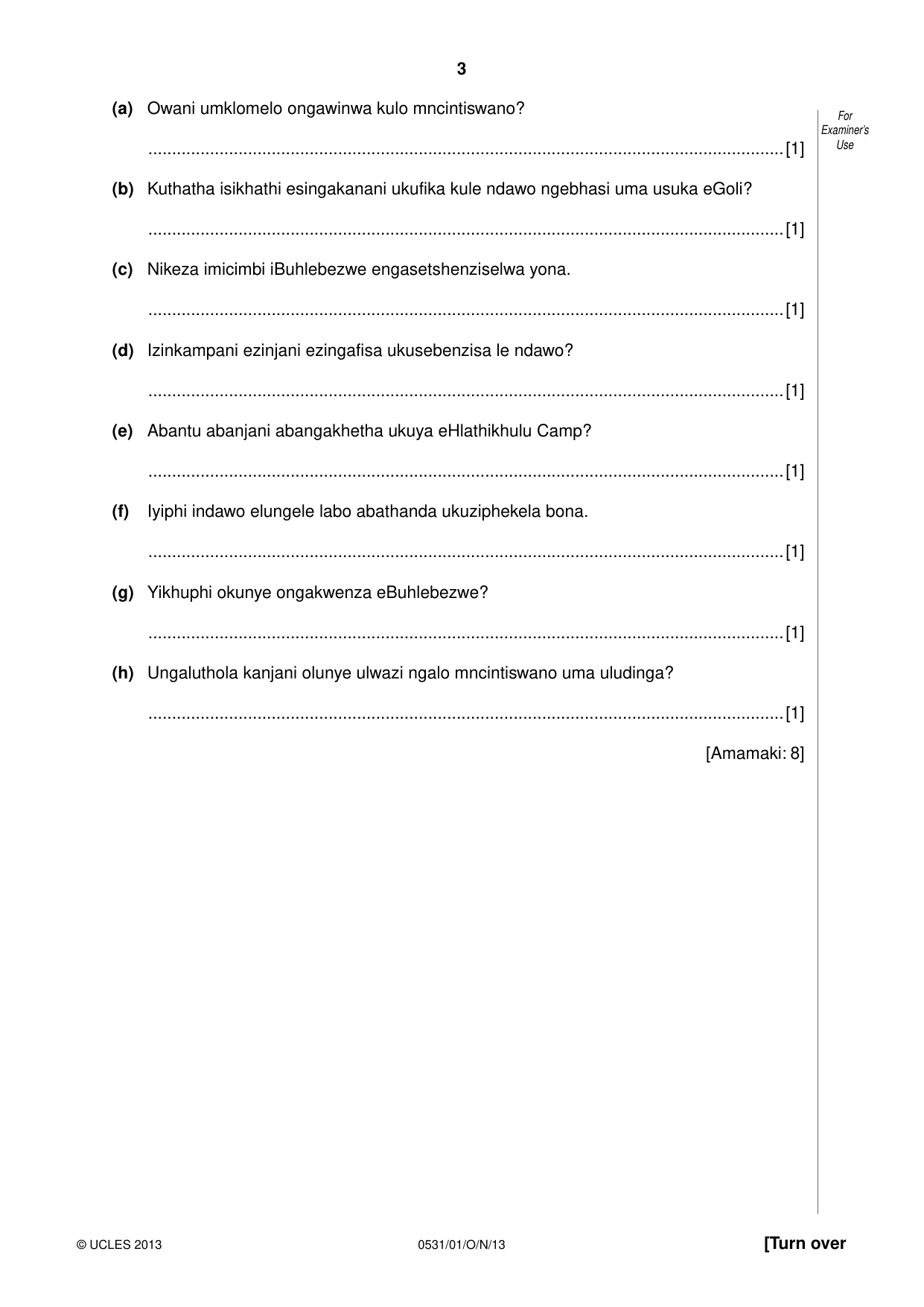 Cambridge IGCSE IsiZulu as a Second Language 0531 2013 Oct/Nov Paper 1 · Variant 1 question paper, page 3 of 16