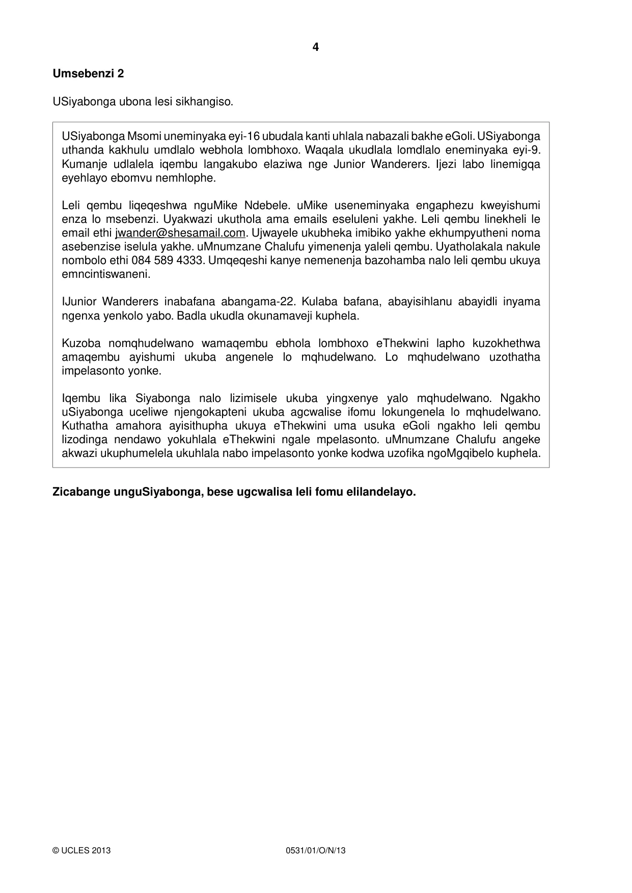 Cambridge IGCSE IsiZulu as a Second Language 0531 2013 Oct/Nov Paper 1 · Variant 1 question paper, page 4 of 16