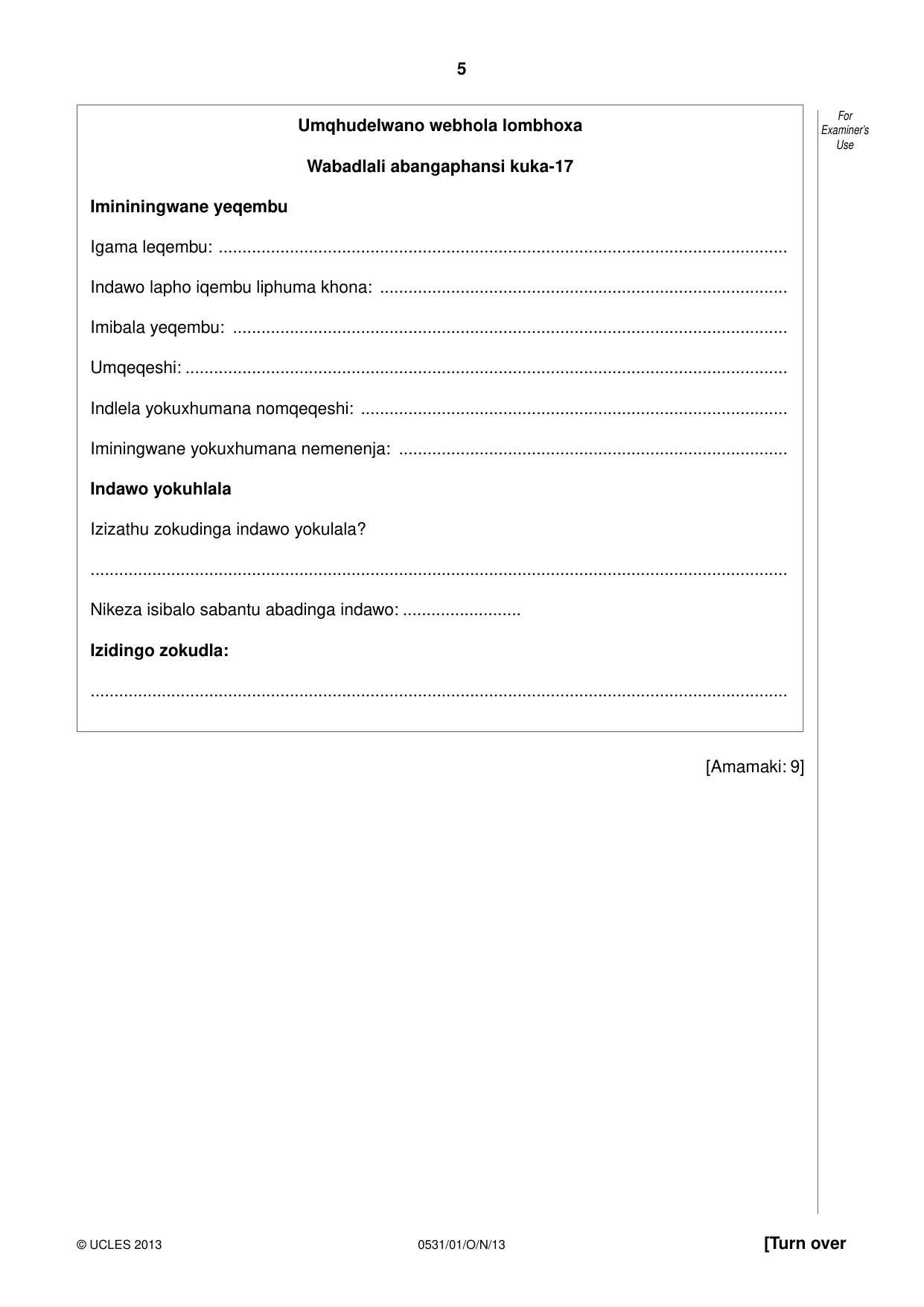 Cambridge IGCSE IsiZulu as a Second Language 0531 2013 Oct/Nov Paper 1 · Variant 1 question paper, page 5 of 16