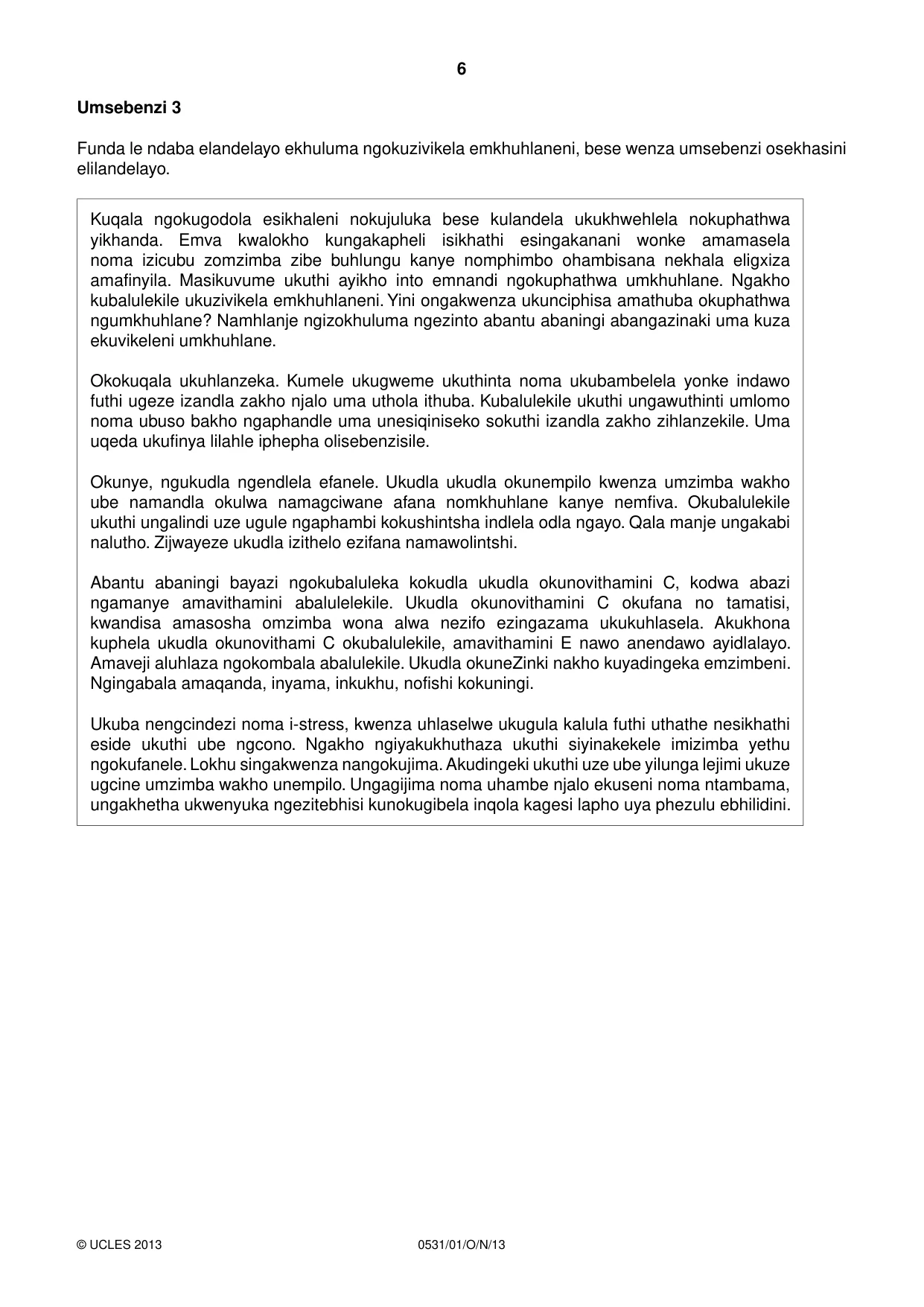 Cambridge IGCSE IsiZulu as a Second Language 0531 2013 Oct/Nov Paper 1 · Variant 1 question paper, page 6 of 16