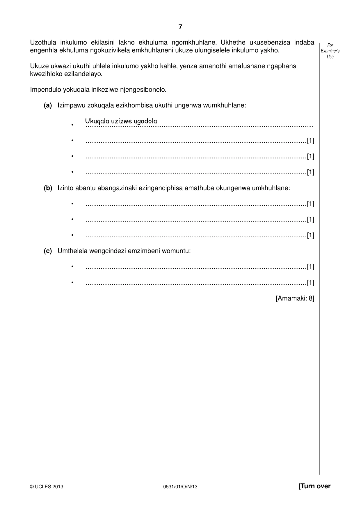 Cambridge IGCSE IsiZulu as a Second Language 0531 2013 Oct/Nov Paper 1 · Variant 1 question paper, page 7 of 16