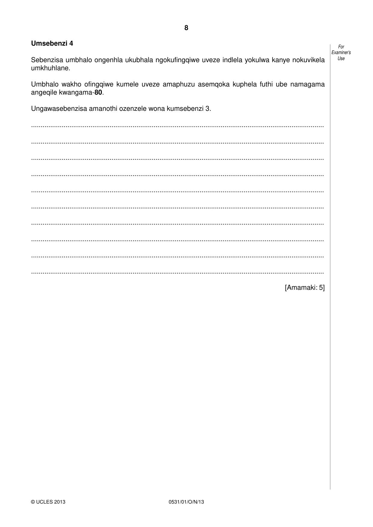 Cambridge IGCSE IsiZulu as a Second Language 0531 2013 Oct/Nov Paper 1 · Variant 1 question paper, page 8 of 16