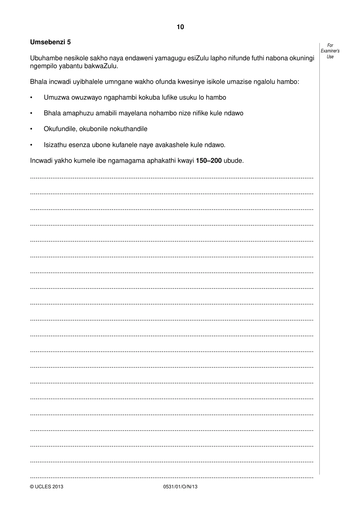 Cambridge IGCSE IsiZulu as a Second Language 0531 2013 Oct/Nov Paper 1 · Variant 1 question paper, page 10 of 16