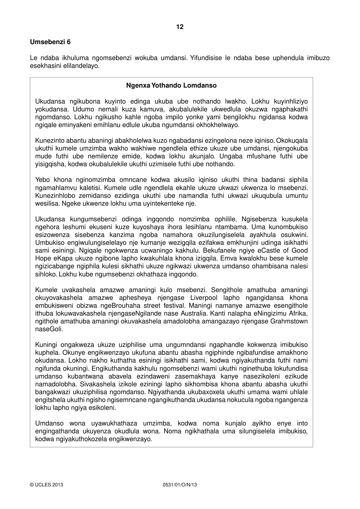 Cambridge IGCSE IsiZulu as a Second Language 0531 2013 Oct/Nov Paper 1 · Variant 1 question paper, page 12 of 16