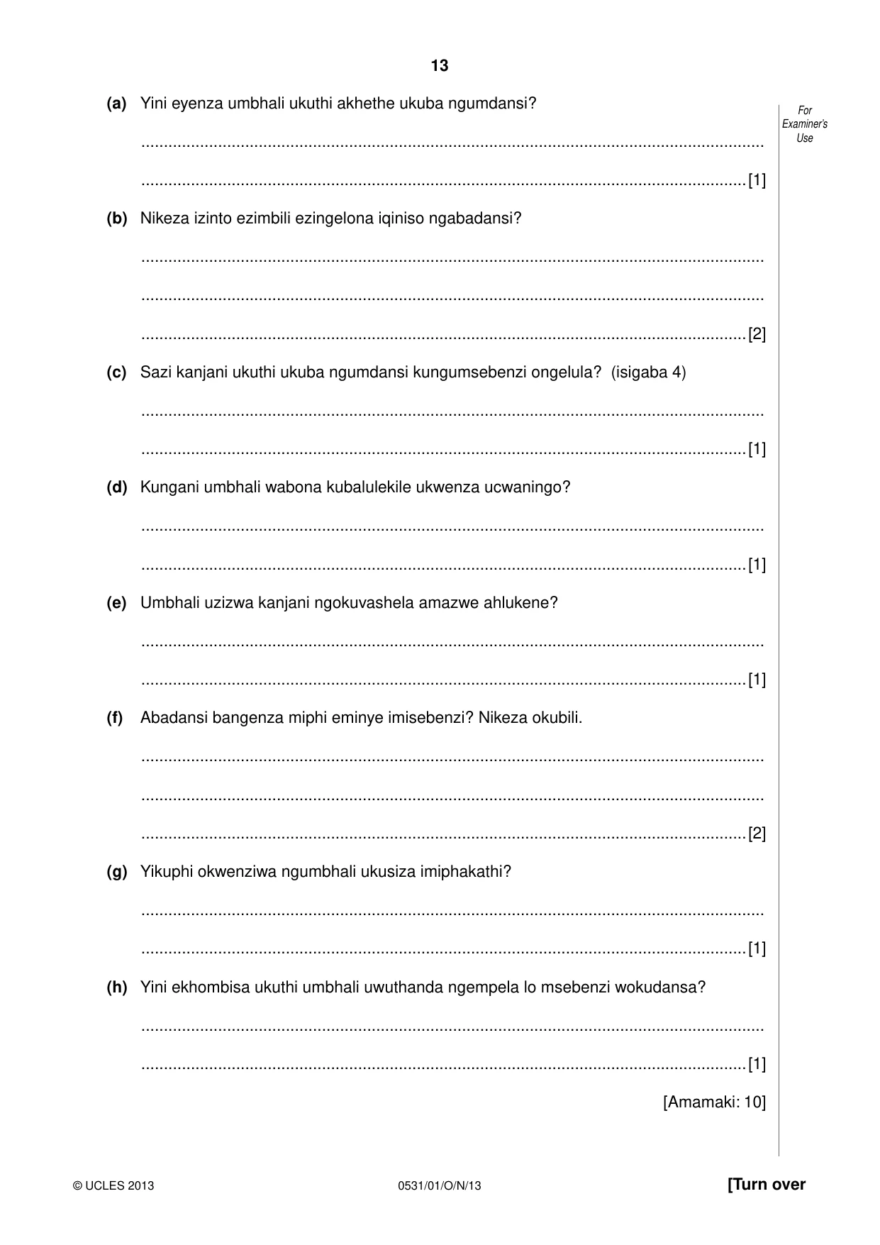 Cambridge IGCSE IsiZulu as a Second Language 0531 2013 Oct/Nov Paper 1 · Variant 1 question paper, page 13 of 16