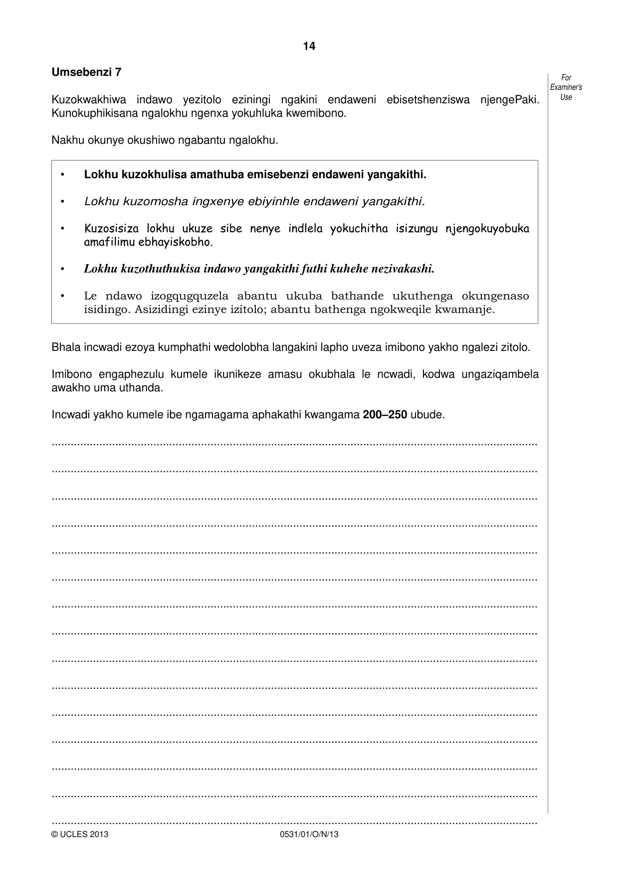 Cambridge IGCSE IsiZulu as a Second Language 0531 2013 Oct/Nov Paper 1 · Variant 1 question paper, page 14 of 16