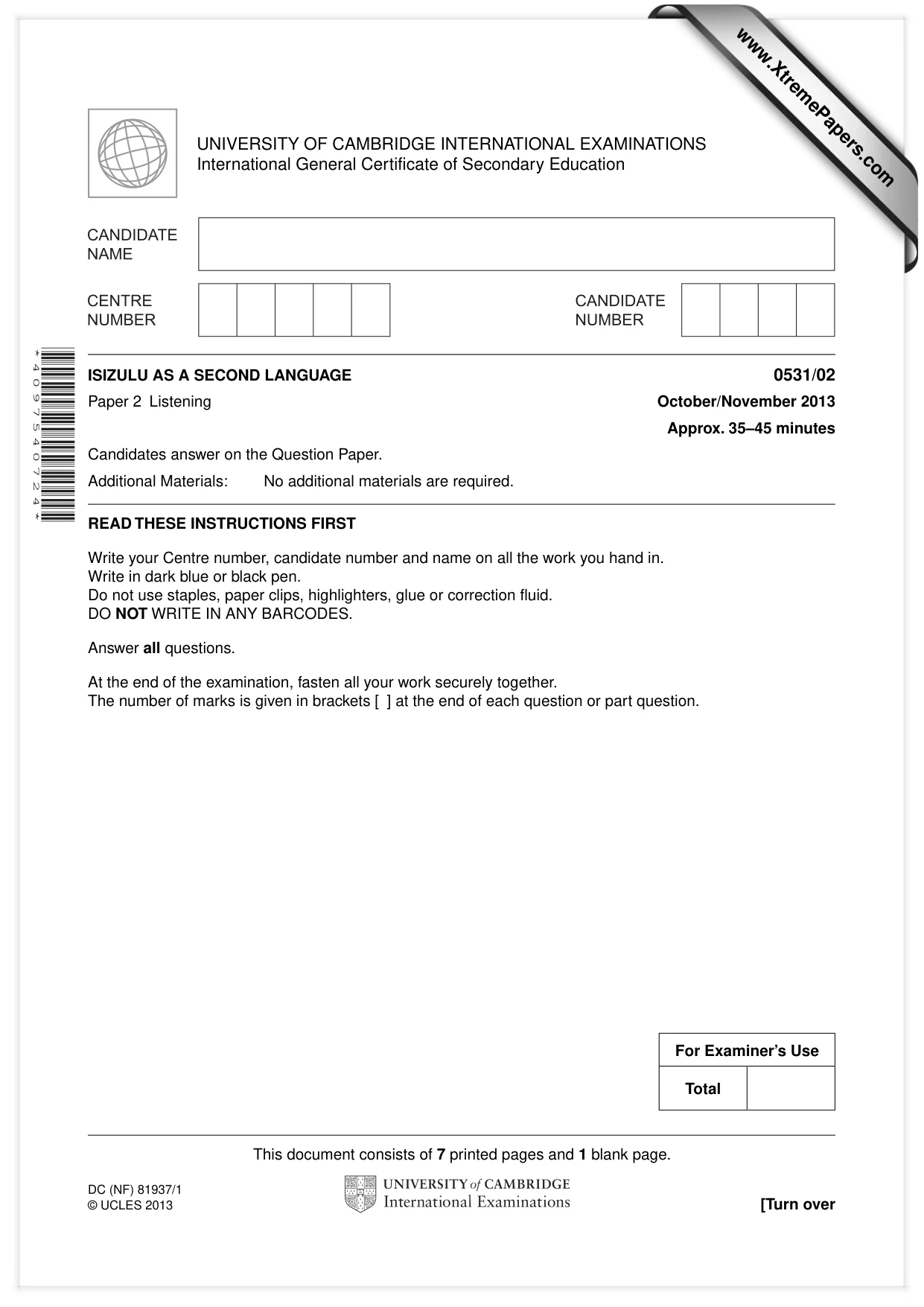 Cambridge IGCSE IsiZulu as a Second Language 0531 2013 Oct/Nov Paper 2 · Variant 1 question paper, page 1 of 8