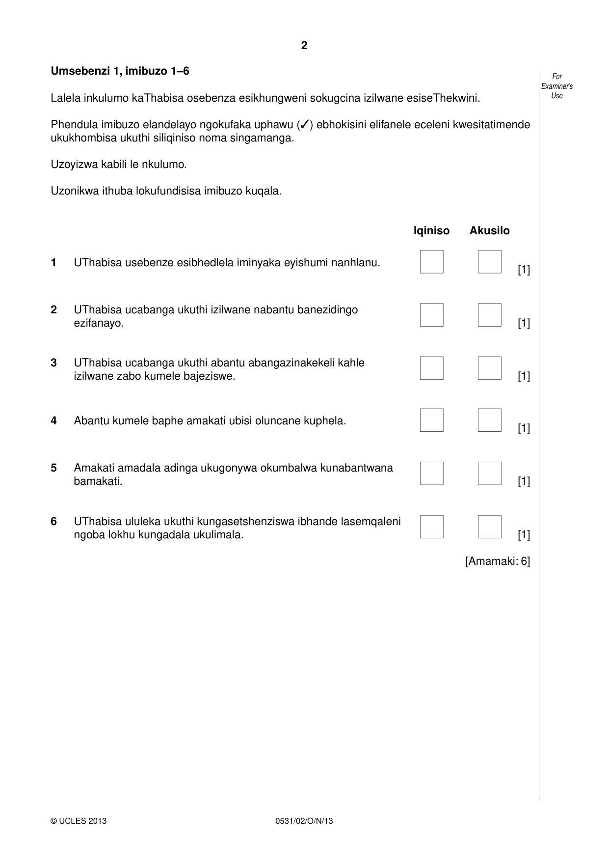 Cambridge IGCSE IsiZulu as a Second Language 0531 2013 Oct/Nov Paper 2 · Variant 1 question paper, page 2 of 8