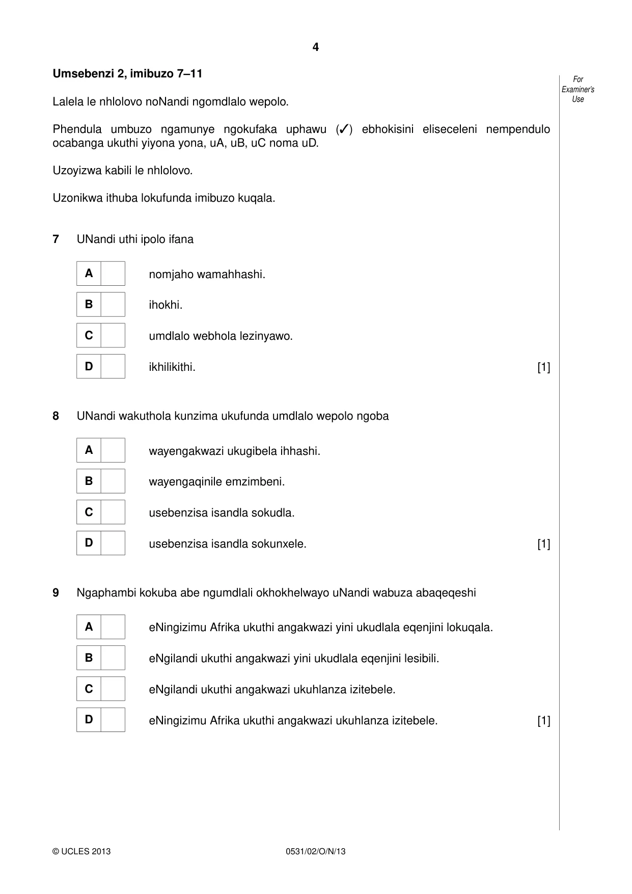 Cambridge IGCSE IsiZulu as a Second Language 0531 2013 Oct/Nov Paper 2 · Variant 1 question paper, page 4 of 8