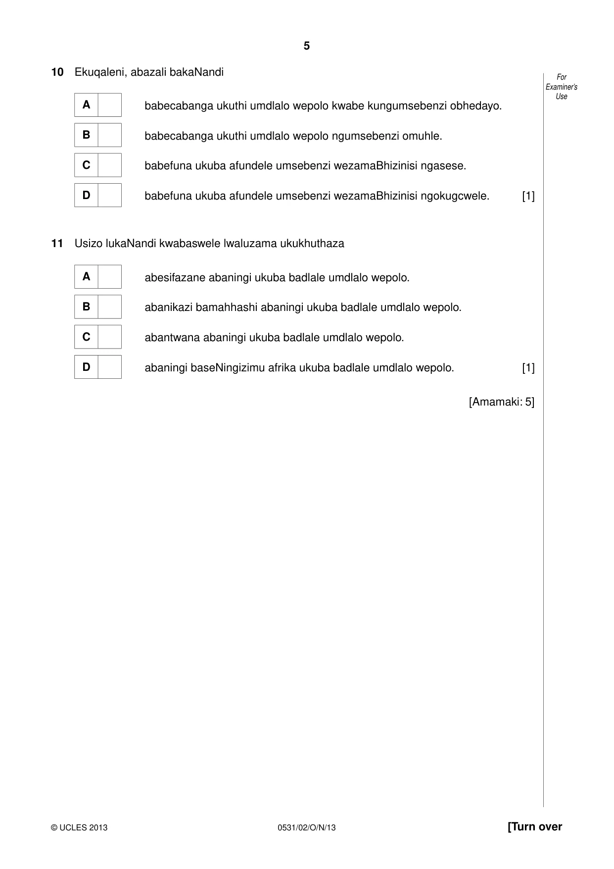 Cambridge IGCSE IsiZulu as a Second Language 0531 2013 Oct/Nov Paper 2 · Variant 1 question paper, page 5 of 8