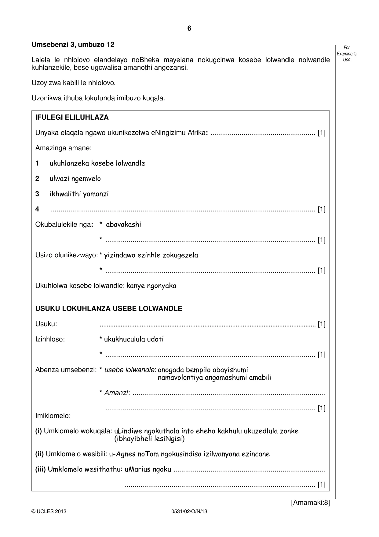 Cambridge IGCSE IsiZulu as a Second Language 0531 2013 Oct/Nov Paper 2 · Variant 1 question paper, page 6 of 8
