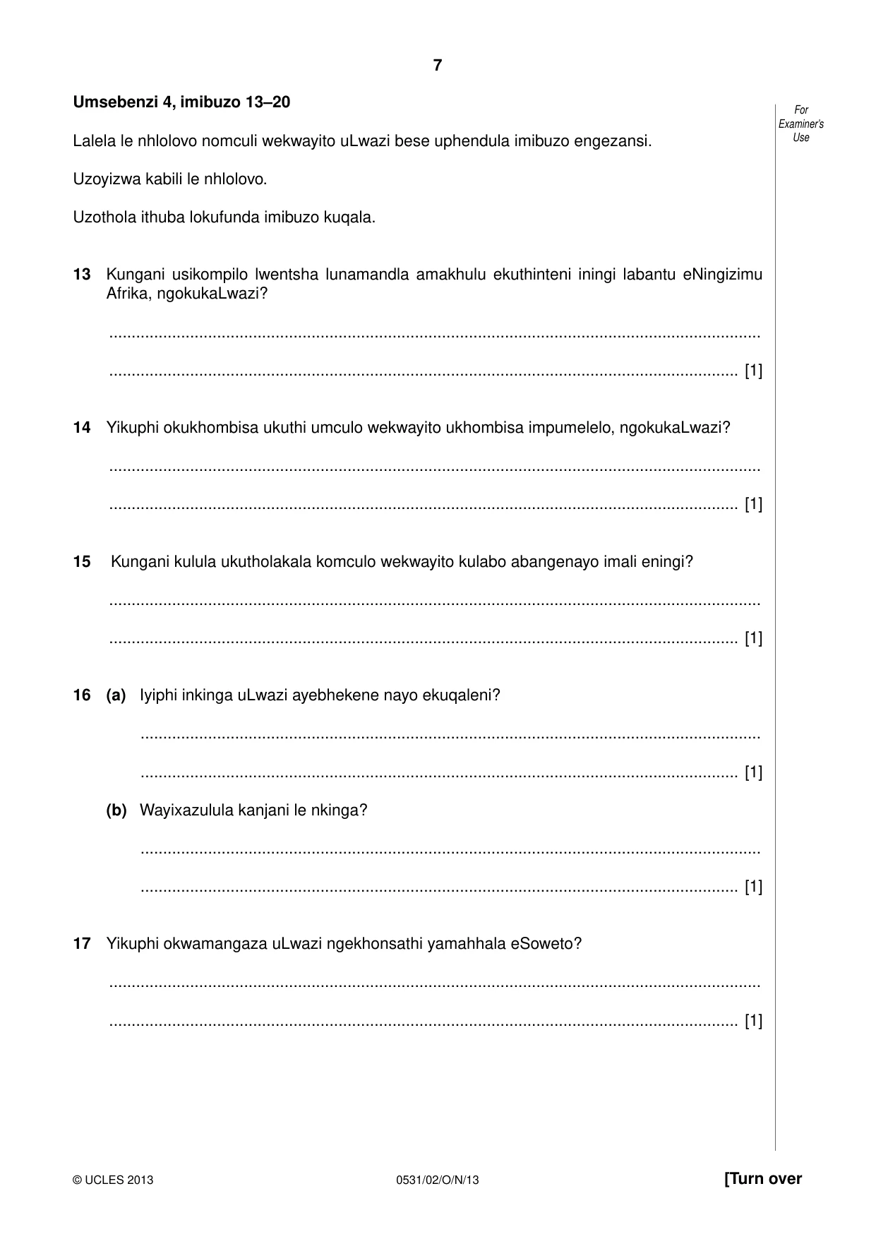 Cambridge IGCSE IsiZulu as a Second Language 0531 2013 Oct/Nov Paper 2 · Variant 1 question paper, page 7 of 8