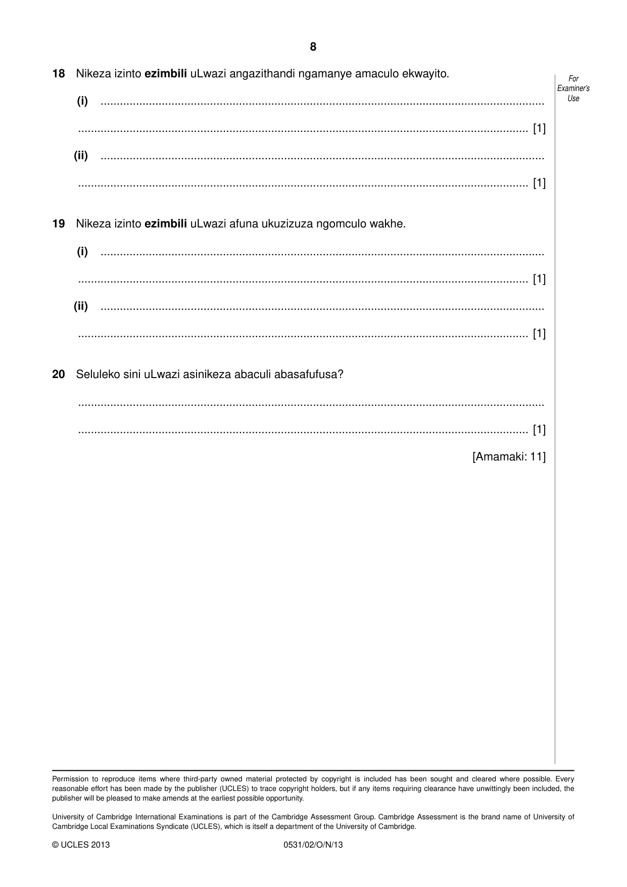 Cambridge IGCSE IsiZulu as a Second Language 0531 2013 Oct/Nov Paper 2 · Variant 1 question paper, page 8 of 8