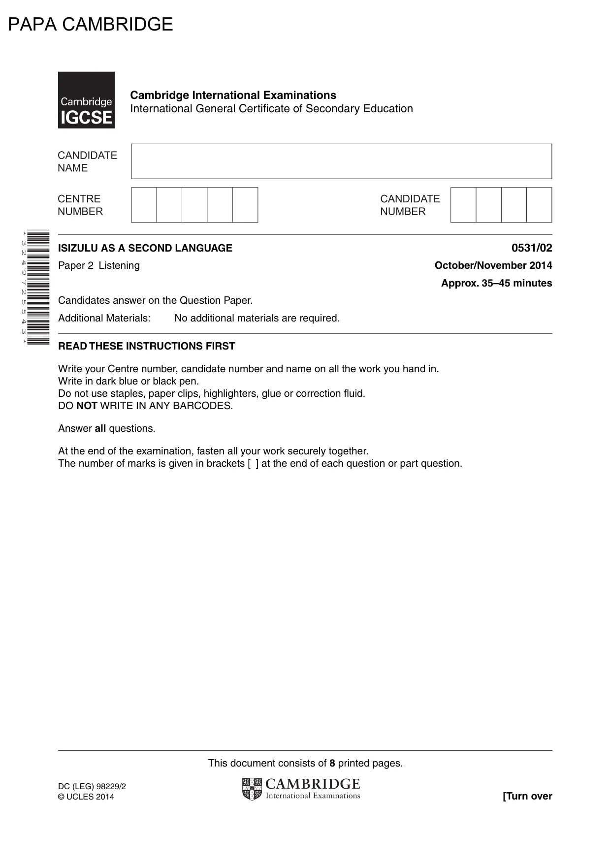 Cambridge IGCSE IsiZulu as a Second Language 0531 2014 Oct/Nov Paper 2 · Variant 1 question paper, page 1 of 8