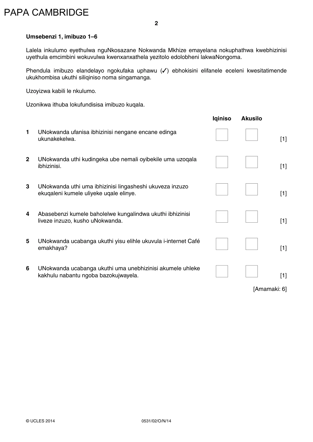Cambridge IGCSE IsiZulu as a Second Language 0531 2014 Oct/Nov Paper 2 · Variant 1 question paper, page 2 of 8