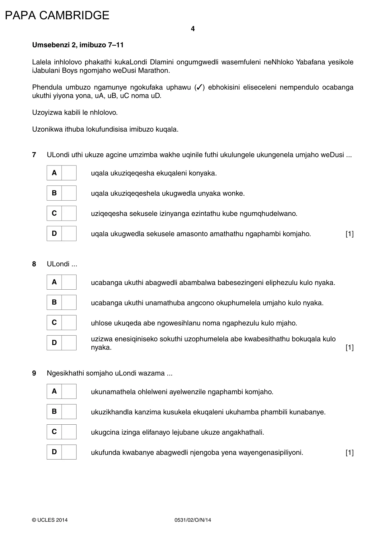 Cambridge IGCSE IsiZulu as a Second Language 0531 2014 Oct/Nov Paper 2 · Variant 1 question paper, page 4 of 8