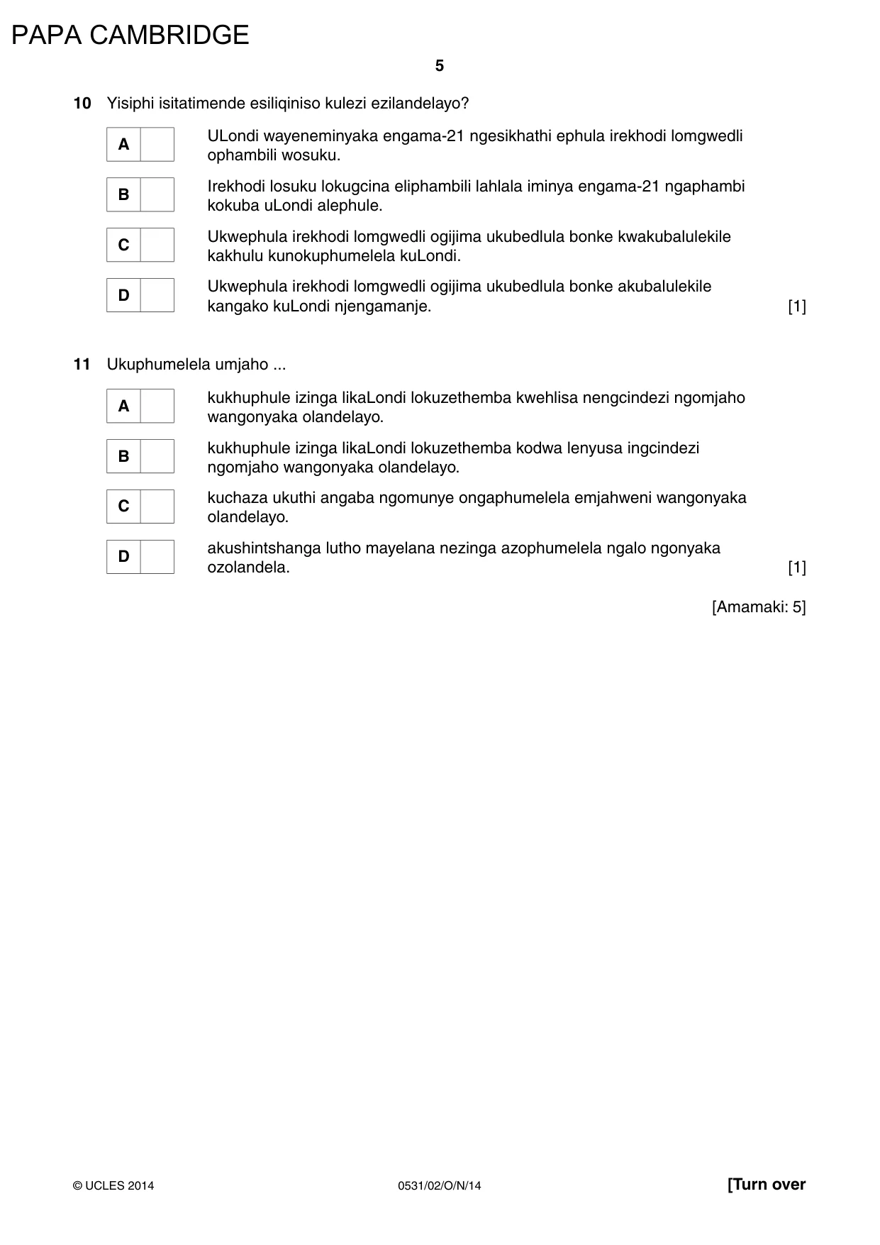 Cambridge IGCSE IsiZulu as a Second Language 0531 2014 Oct/Nov Paper 2 · Variant 1 question paper, page 5 of 8