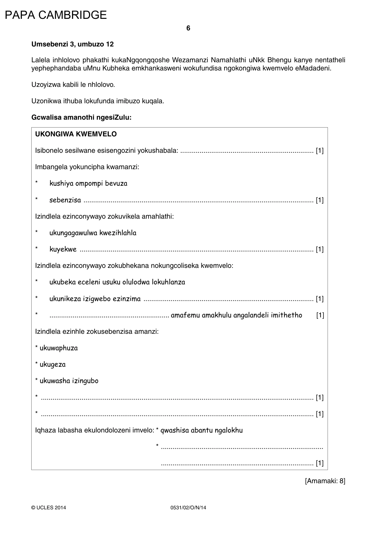 Cambridge IGCSE IsiZulu as a Second Language 0531 2014 Oct/Nov Paper 2 · Variant 1 question paper, page 6 of 8