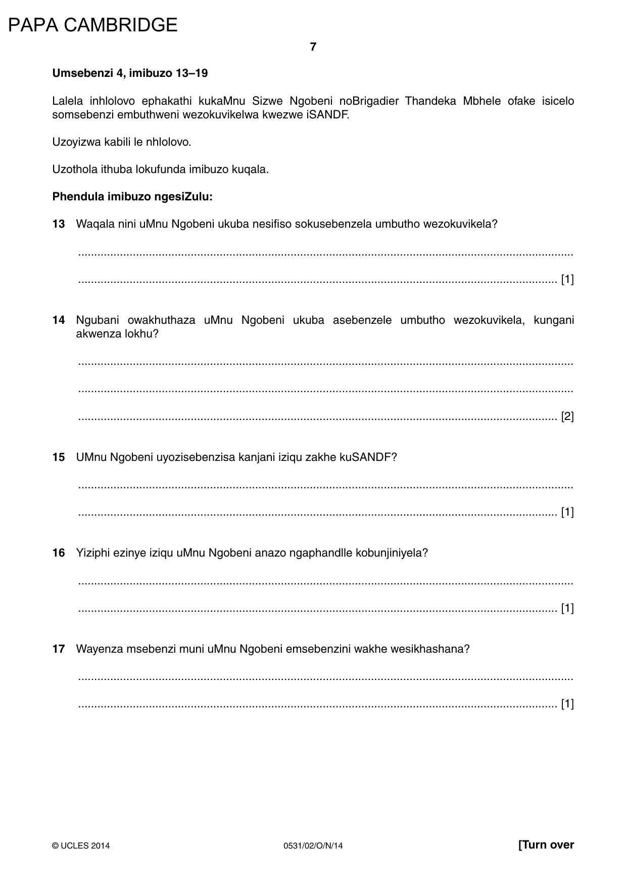 Cambridge IGCSE IsiZulu as a Second Language 0531 2014 Oct/Nov Paper 2 · Variant 1 question paper, page 7 of 8
