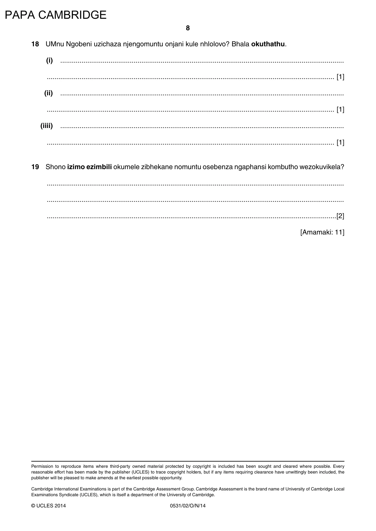 Cambridge IGCSE IsiZulu as a Second Language 0531 2014 Oct/Nov Paper 2 · Variant 1 question paper, page 8 of 8