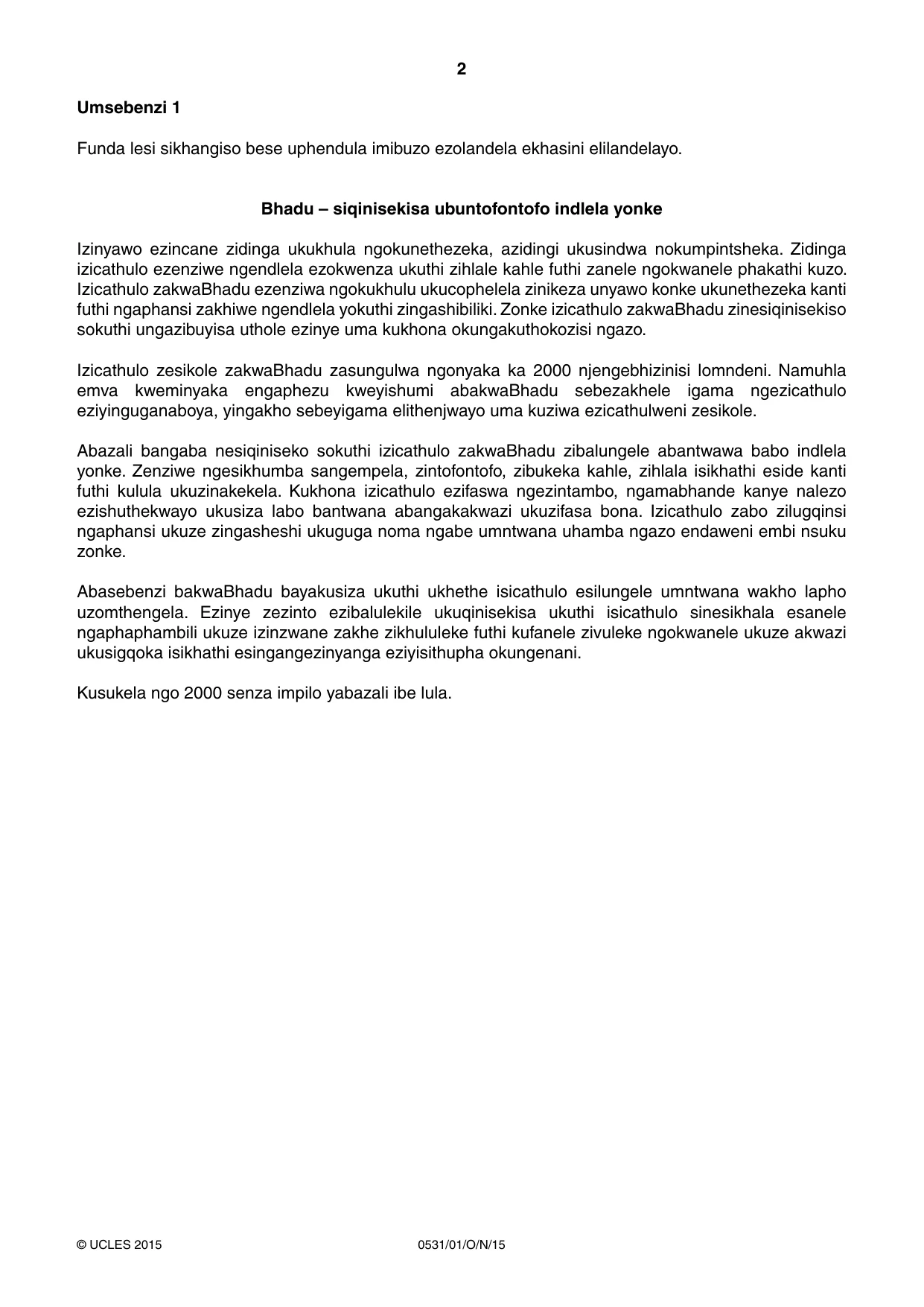 Cambridge IGCSE IsiZulu as a Second Language 0531 2015 Oct/Nov Paper 1 · Variant 1 question paper, page 2 of 20