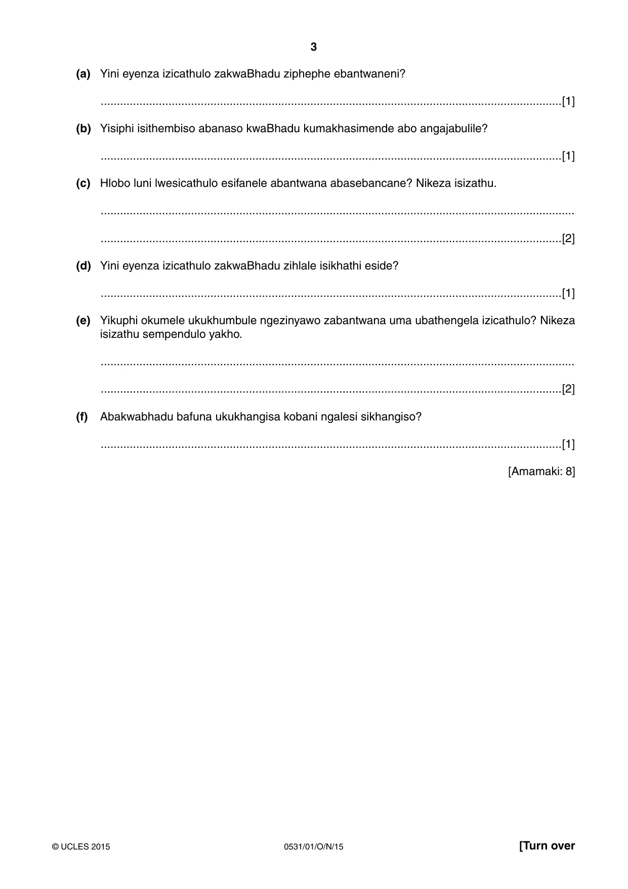 Cambridge IGCSE IsiZulu as a Second Language 0531 2015 Oct/Nov Paper 1 · Variant 1 question paper, page 3 of 20