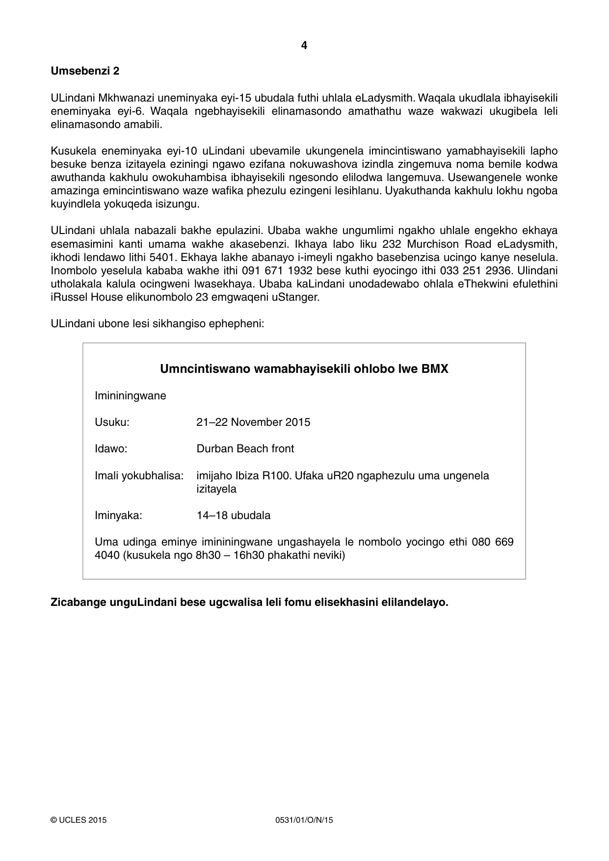 Cambridge IGCSE IsiZulu as a Second Language 0531 2015 Oct/Nov Paper 1 · Variant 1 question paper, page 4 of 20