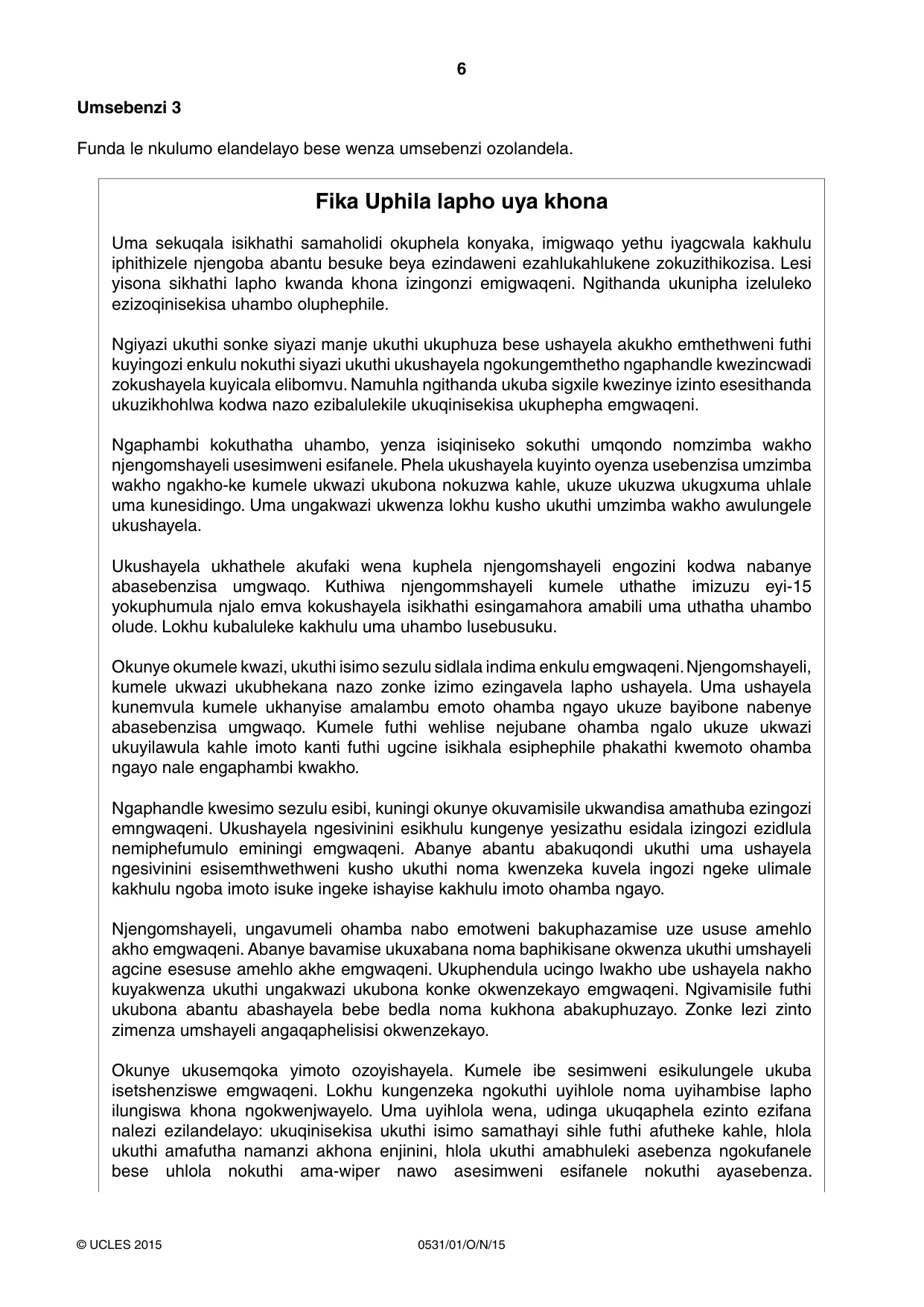 Cambridge IGCSE IsiZulu as a Second Language 0531 2015 Oct/Nov Paper 1 · Variant 1 question paper, page 6 of 20