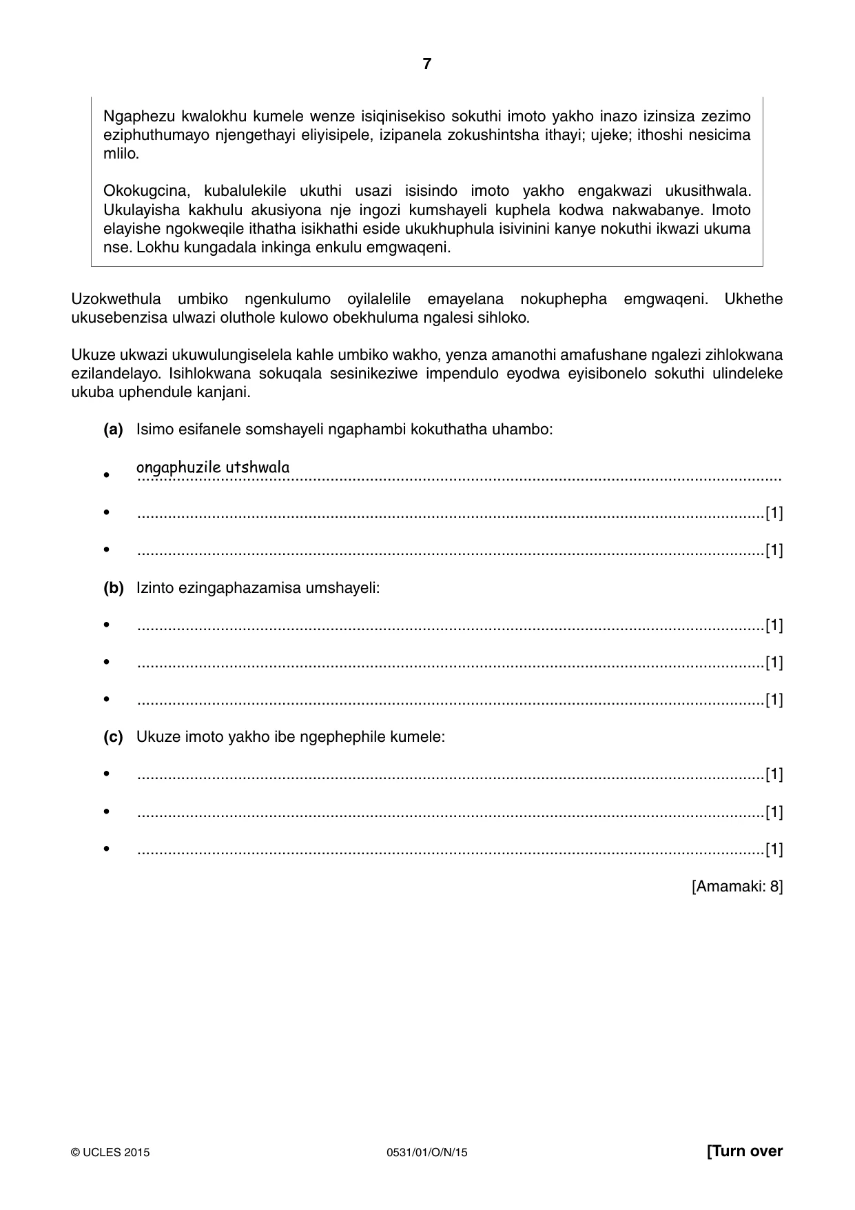 Cambridge IGCSE IsiZulu as a Second Language 0531 2015 Oct/Nov Paper 1 · Variant 1 question paper, page 7 of 20