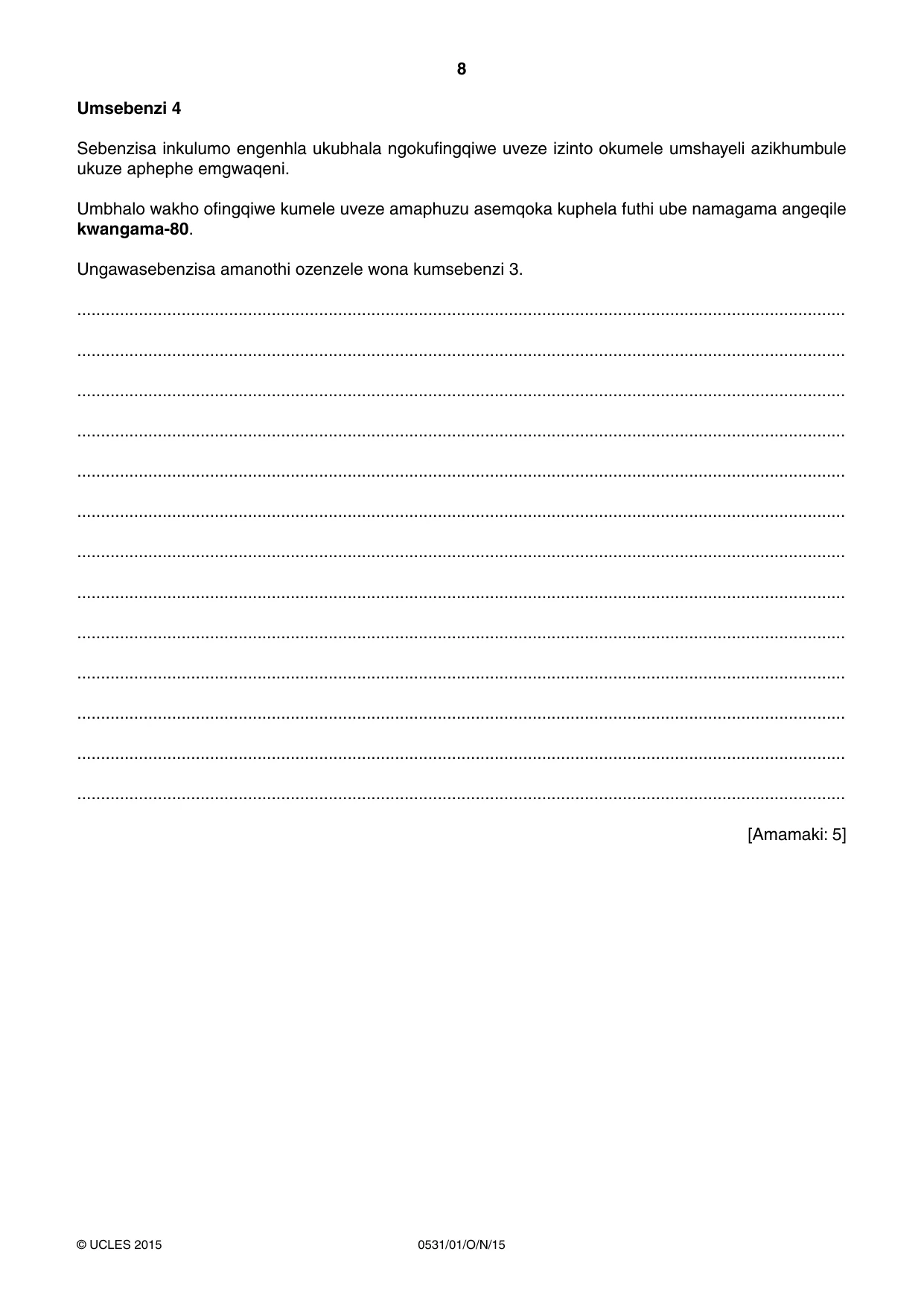 Cambridge IGCSE IsiZulu as a Second Language 0531 2015 Oct/Nov Paper 1 · Variant 1 question paper, page 8 of 20