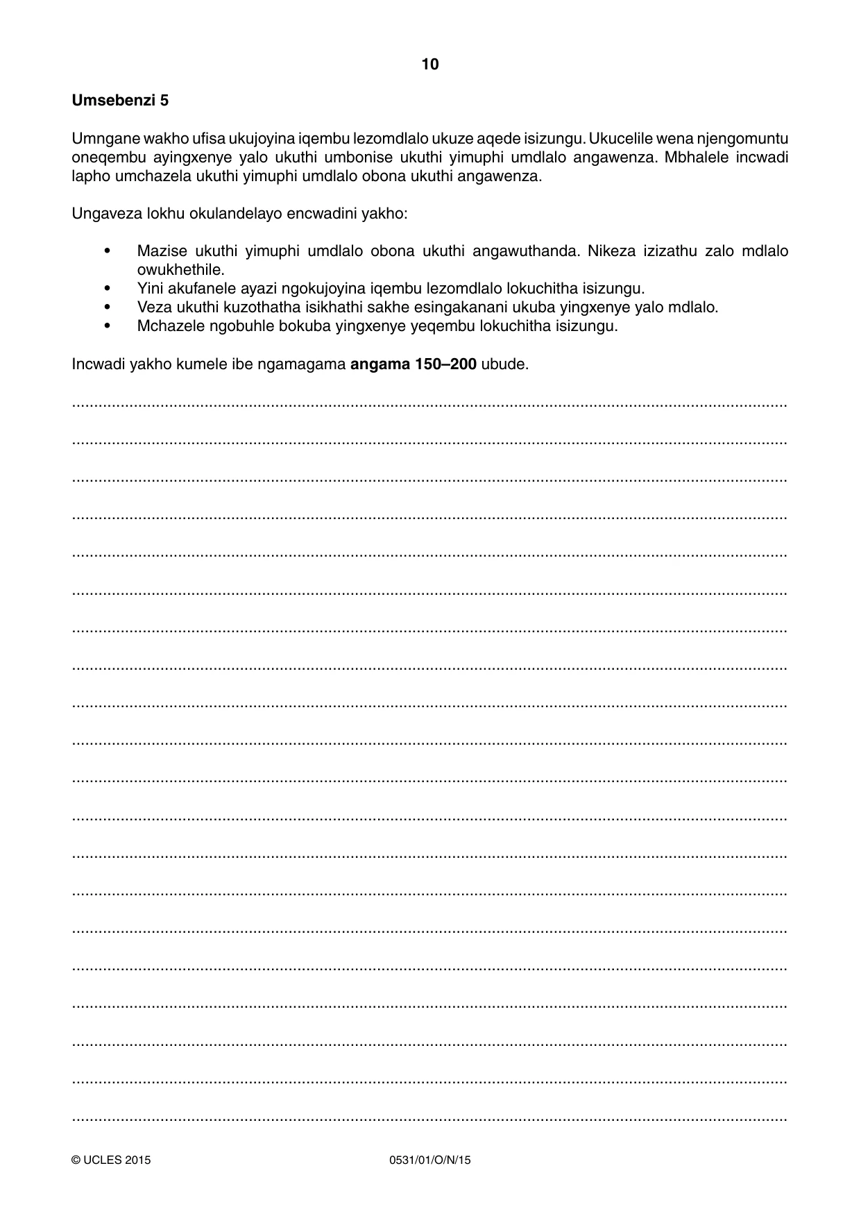 Cambridge IGCSE IsiZulu as a Second Language 0531 2015 Oct/Nov Paper 1 · Variant 1 question paper, page 10 of 20